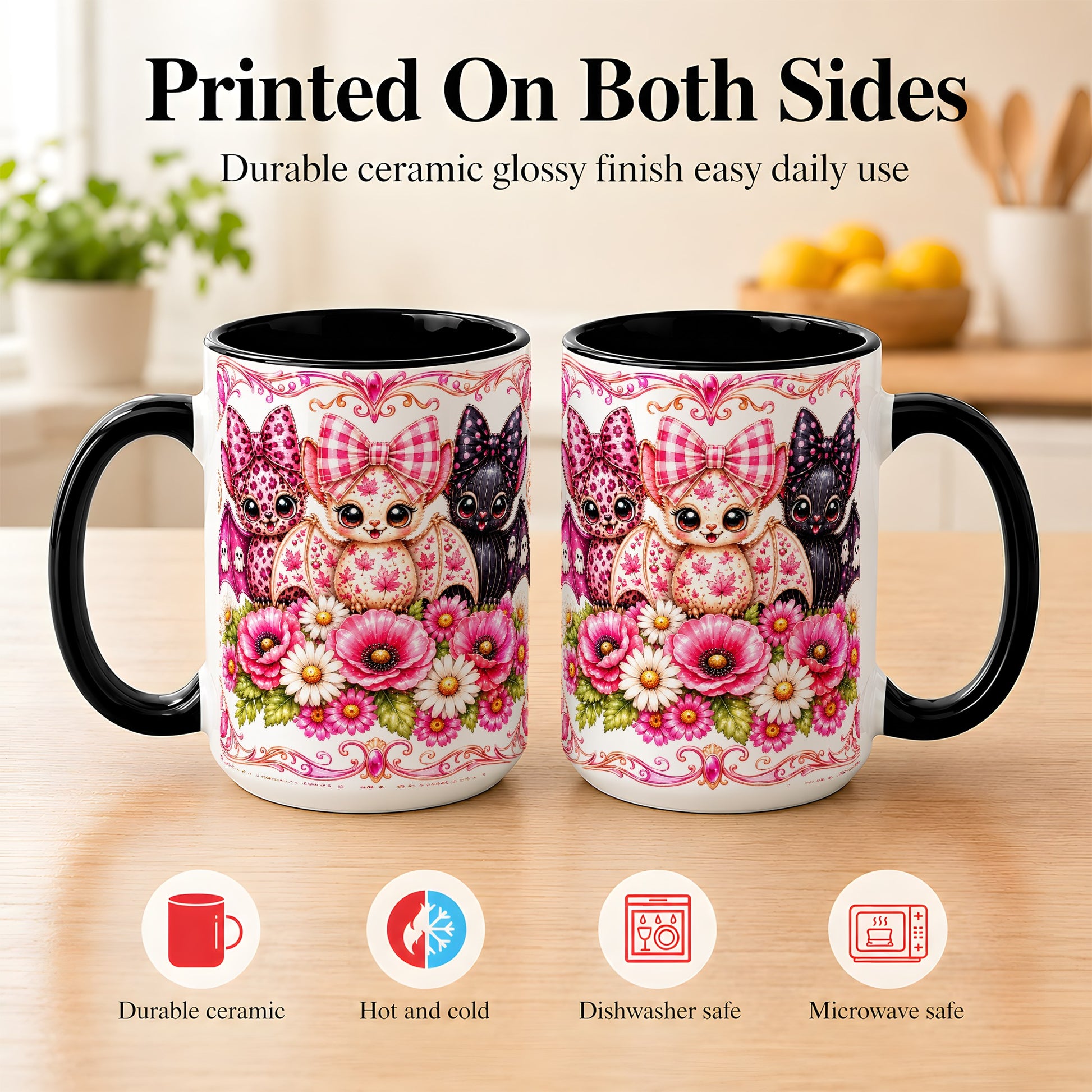 #pl[15oz|Black] Pink Halloween Bats Coffee Mug, Floral Bat Mug, Ceramic Cup