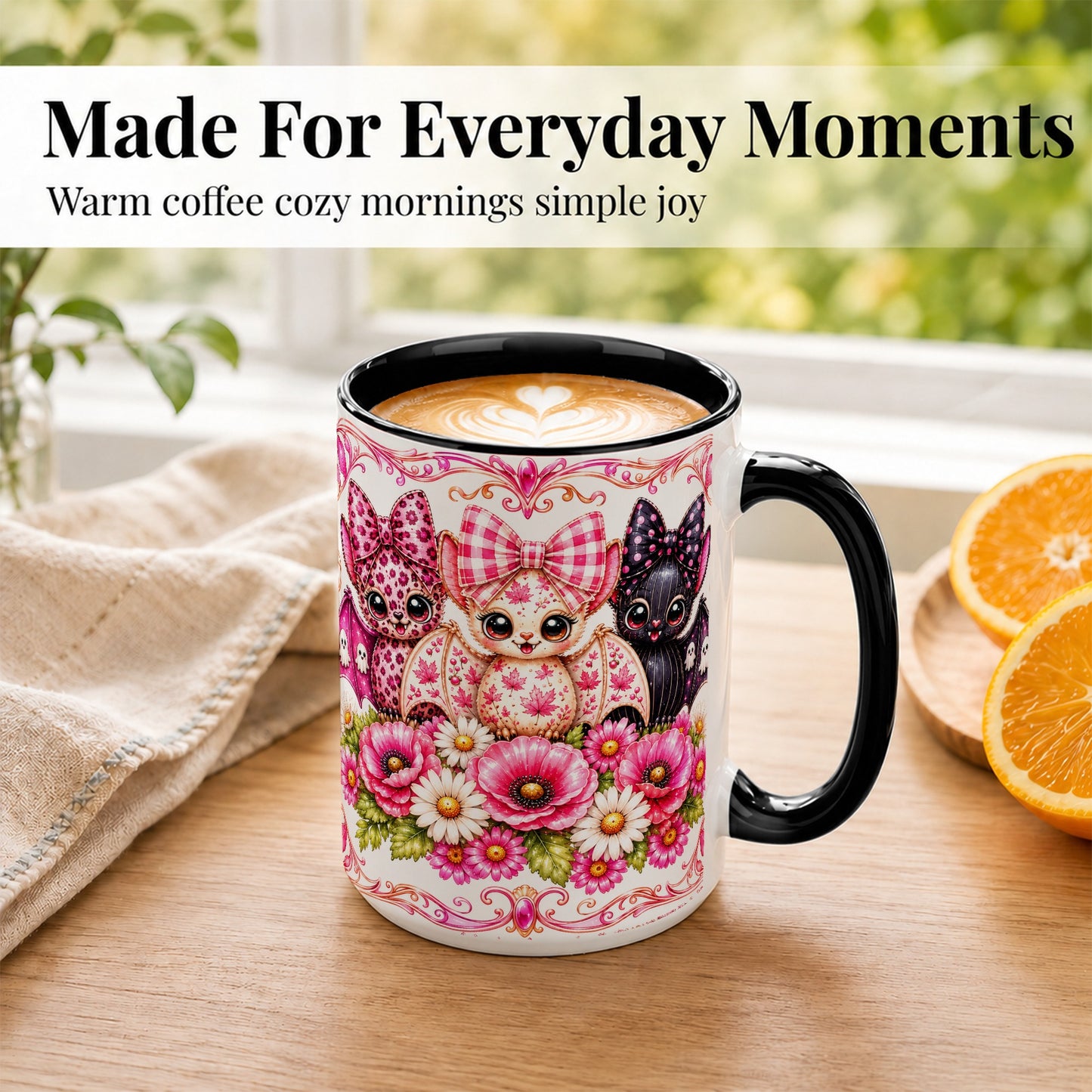 #pl[15oz|Black] Pink Halloween Bats Coffee Mug, Floral Bat Mug, Ceramic Cup