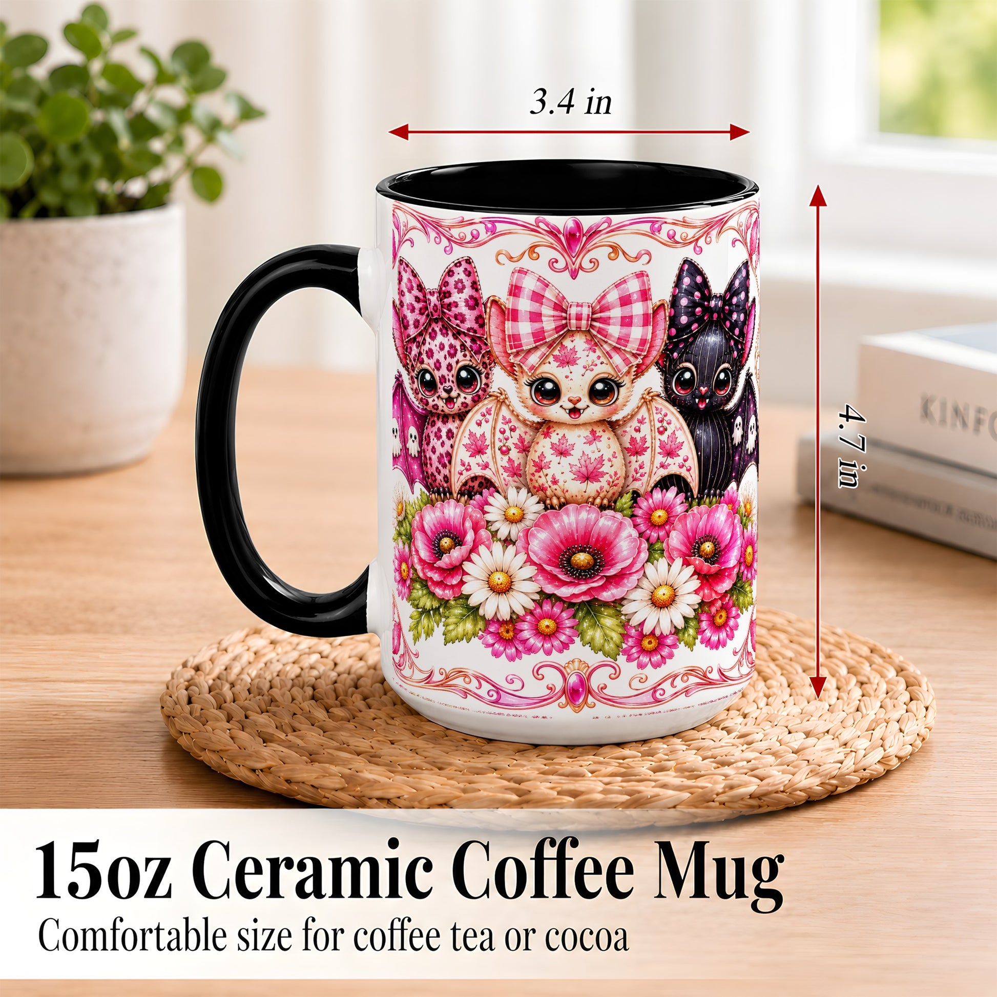 #pl[15oz|Black] Pink Halloween Bats Coffee Mug, Floral Bat Mug, Ceramic Cup