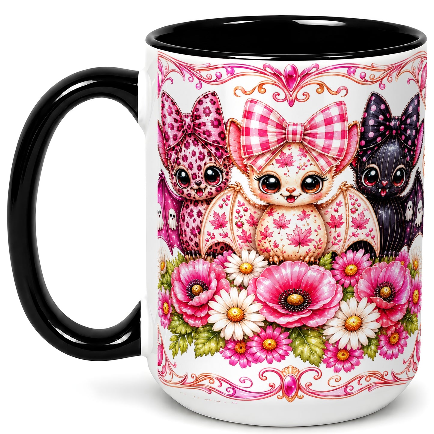 #pl[15oz|Black] Pink Halloween Bats Coffee Mug, Floral Bat Mug, Ceramic Cup