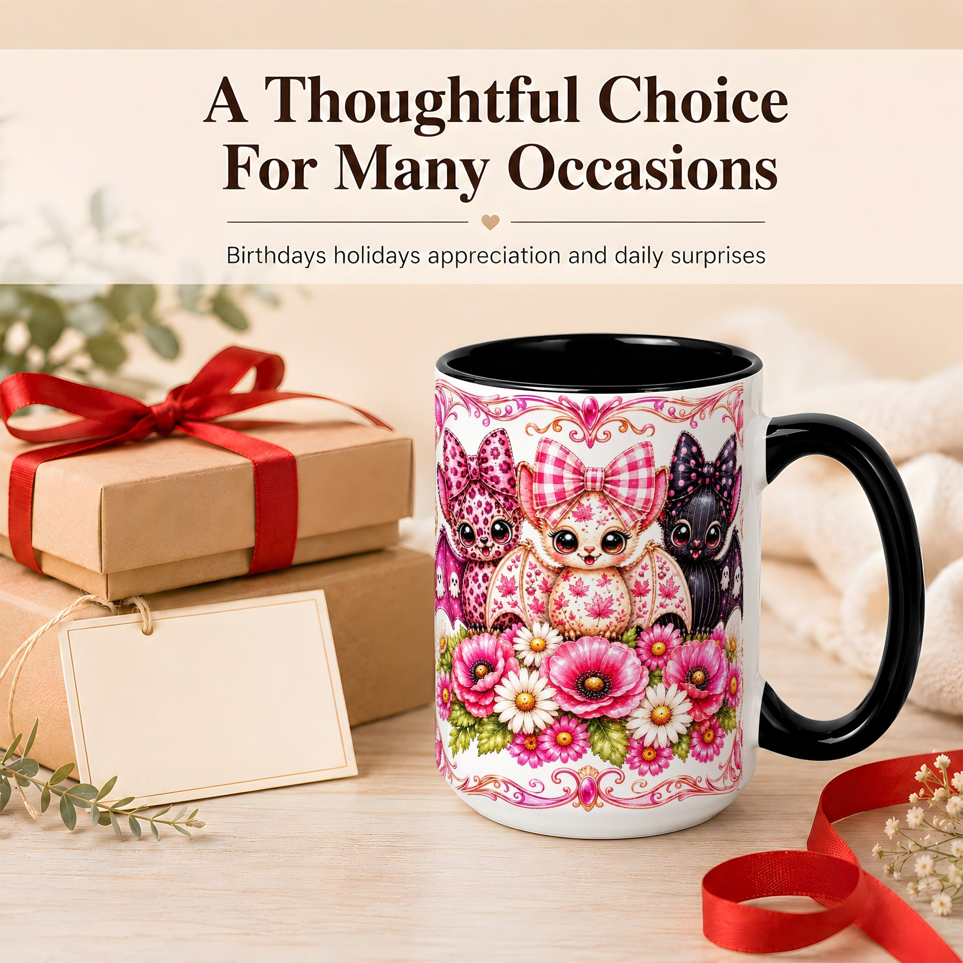 #pl[15oz|Black] Pink Halloween Bats Coffee Mug, Floral Bat Mug, Ceramic Cup