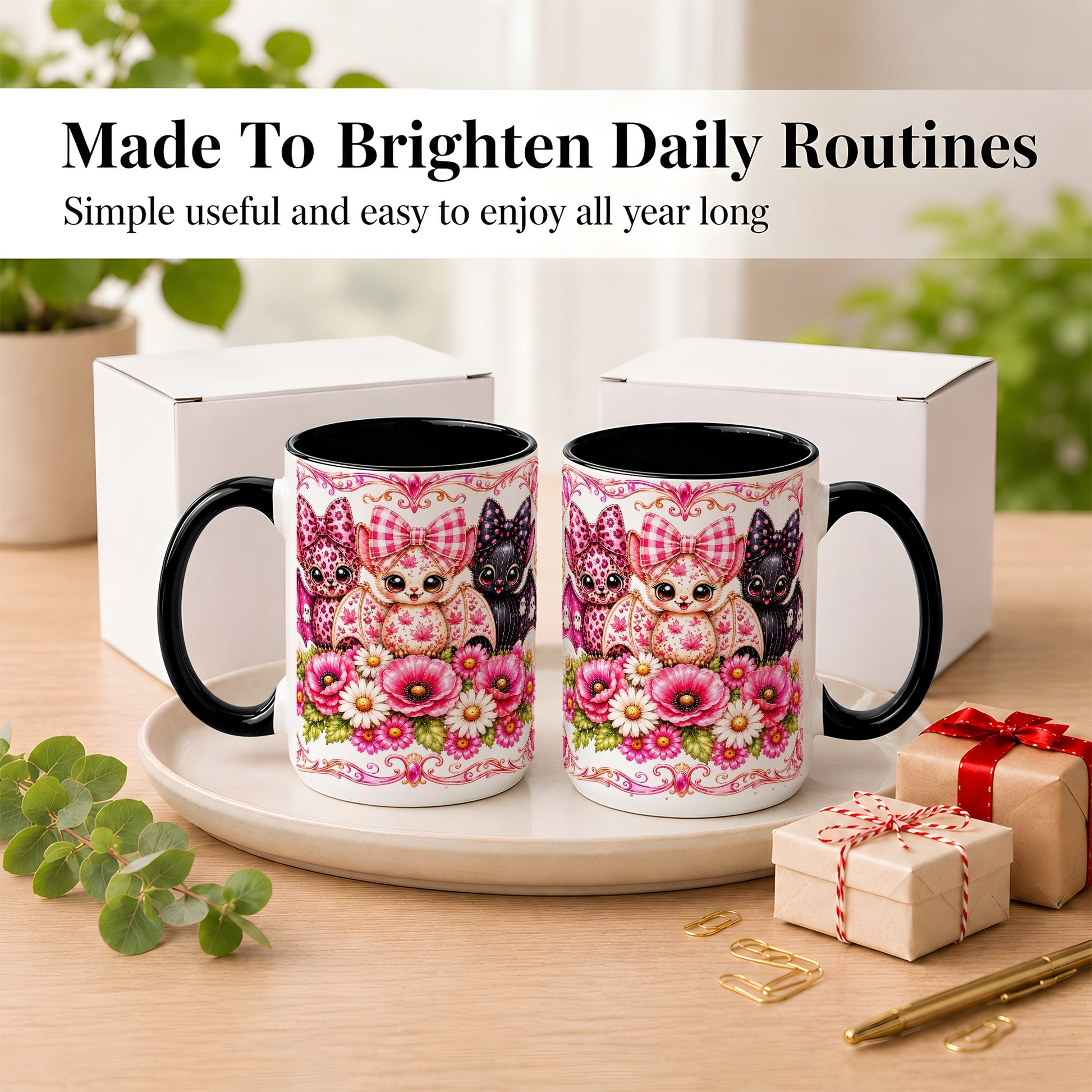 #pl[15oz|Black] Pink Halloween Bats Coffee Mug, Floral Bat Mug, Ceramic Cup