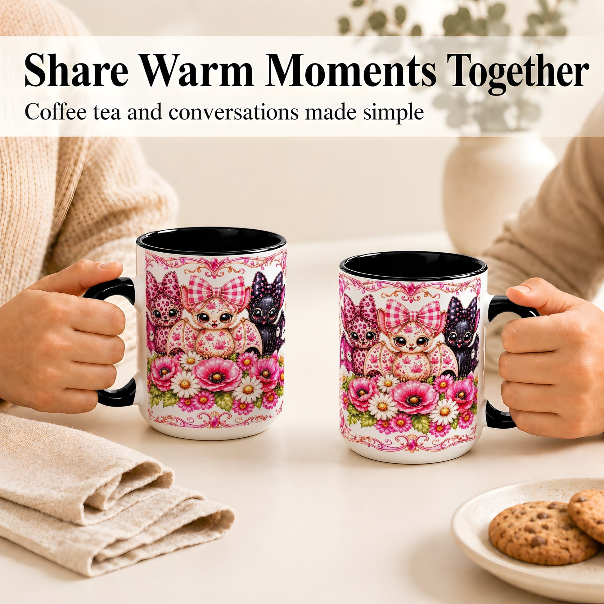 #pl[15oz|Black] Pink Halloween Bats Coffee Mug, Floral Bat Mug, Ceramic Cup