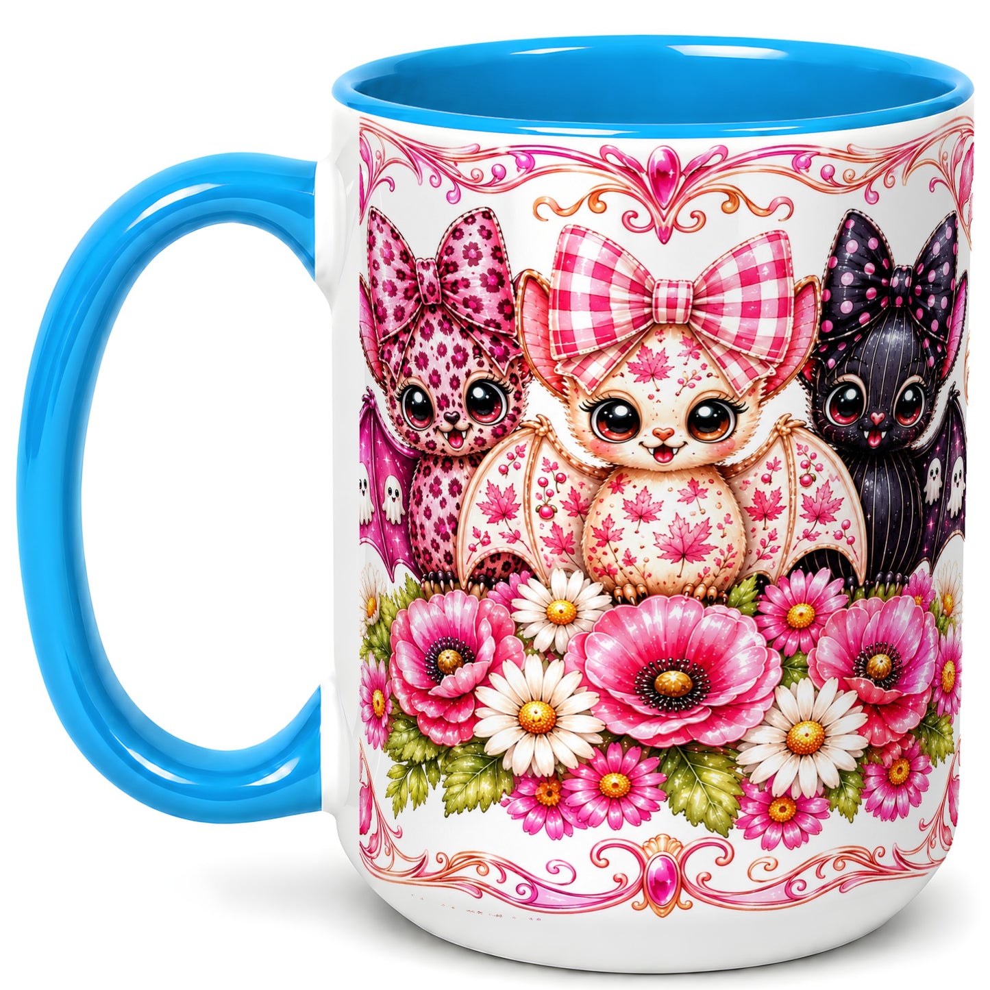 #pl[15oz|Blue] Pink Halloween Bats Coffee Mug, Floral Bat Mug, Ceramic Cup