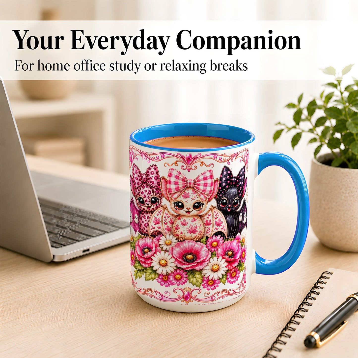 #pl[15oz|Blue] Pink Halloween Bats Coffee Mug, Floral Bat Mug, Ceramic Cup