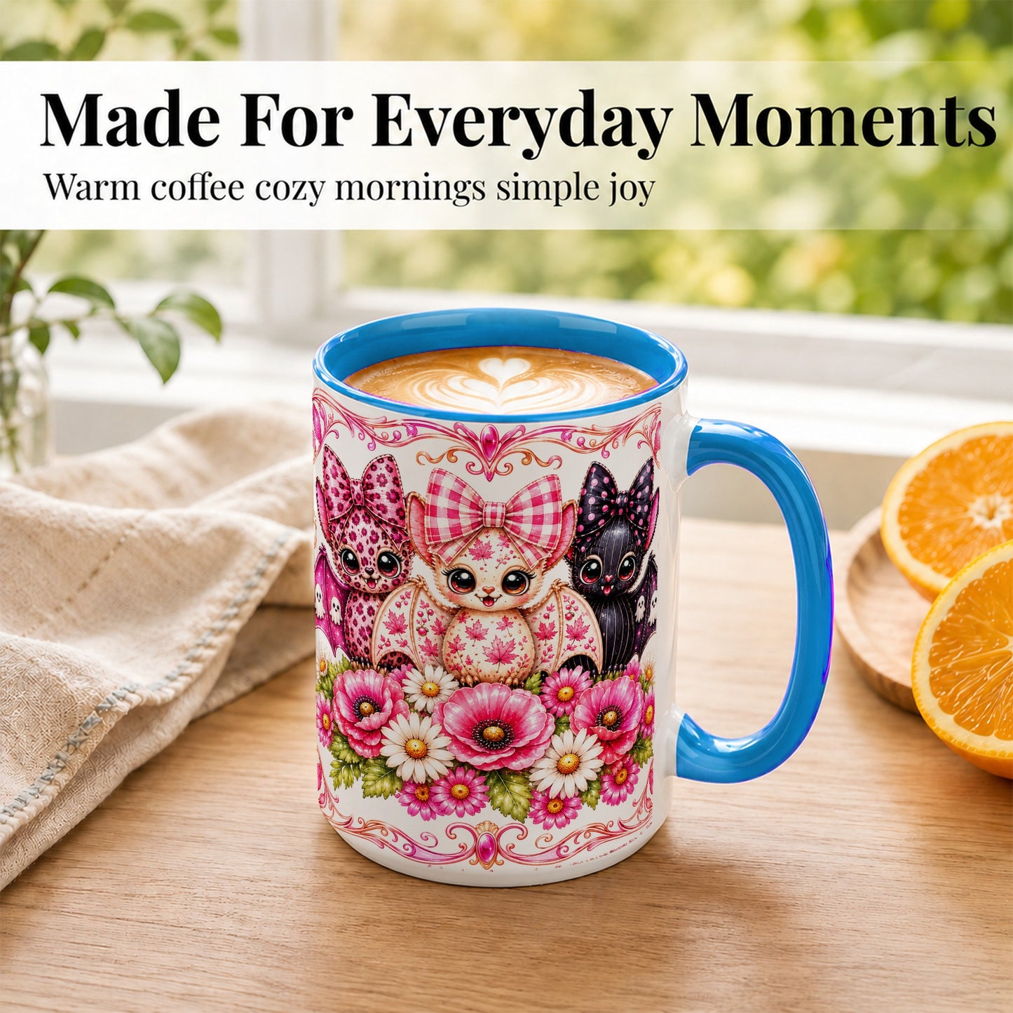 #pl[15oz|Blue] Pink Halloween Bats Coffee Mug, Floral Bat Mug, Ceramic Cup