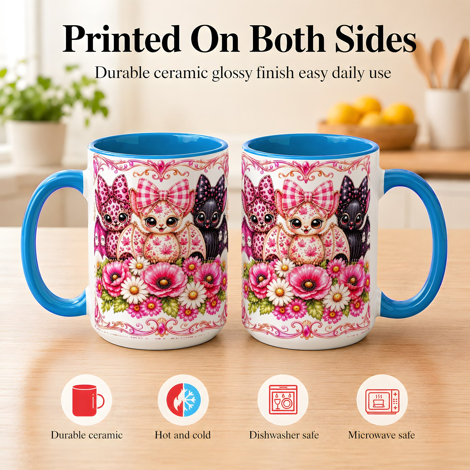 #pl[15oz|Blue] Pink Halloween Bats Coffee Mug, Floral Bat Mug, Ceramic Cup