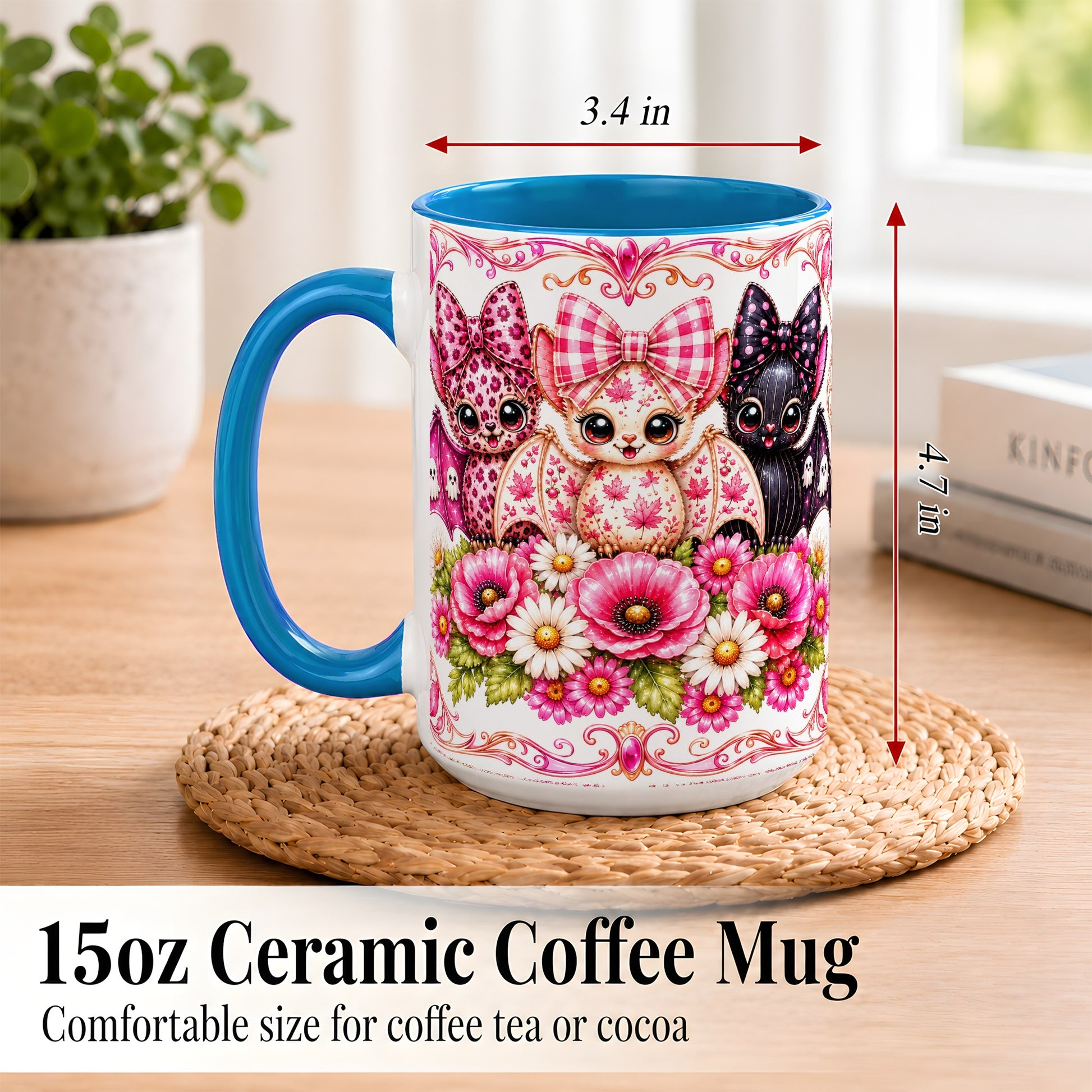 #pl[15oz|Blue] Pink Halloween Bats Coffee Mug, Floral Bat Mug, Ceramic Cup
