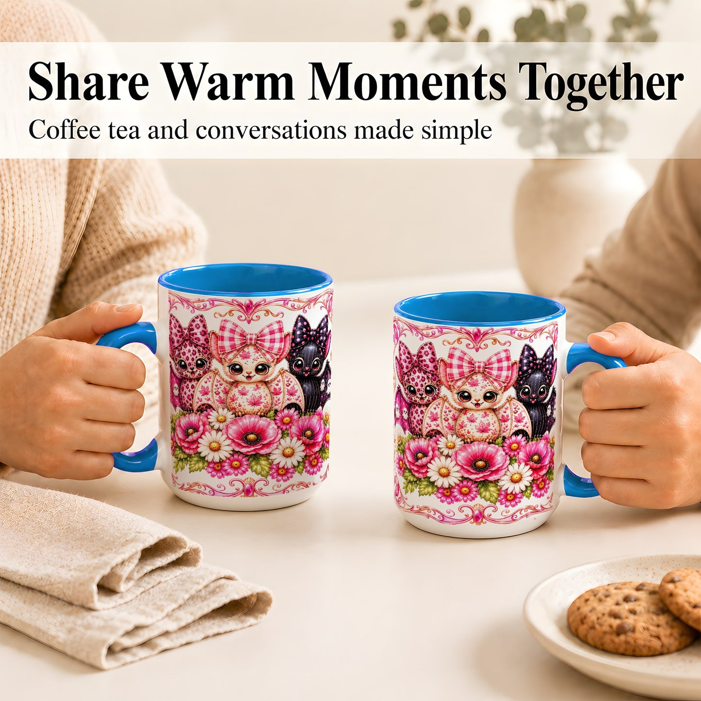 #pl[15oz|Blue] Pink Halloween Bats Coffee Mug, Floral Bat Mug, Ceramic Cup