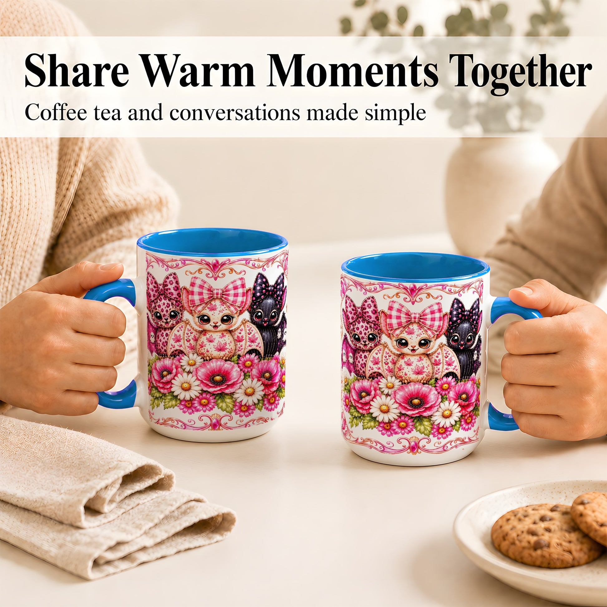 #pl[15oz|Blue] Pink Halloween Bats Coffee Mug, Floral Bat Mug, Ceramic Cup