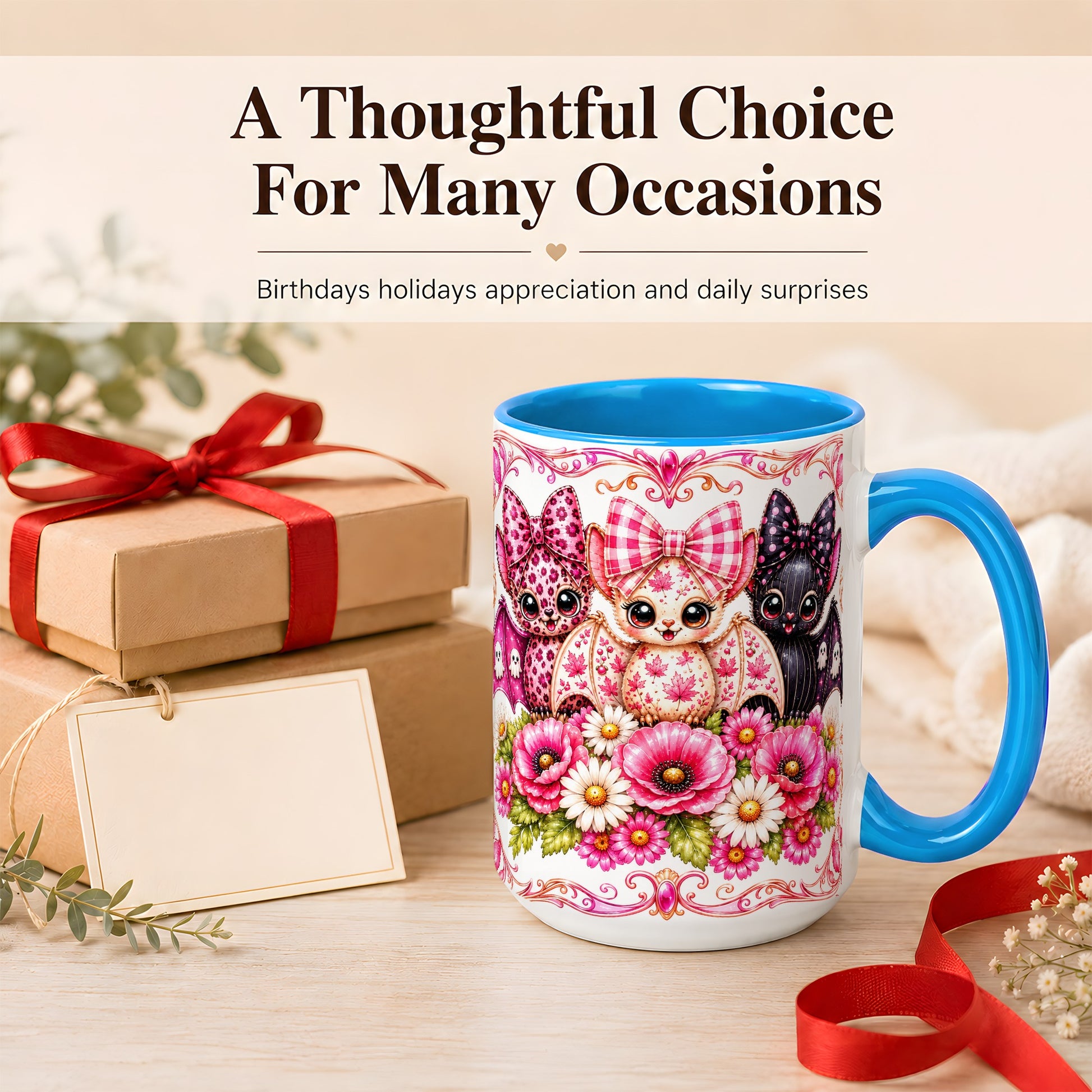 #pl[15oz|Blue] Pink Halloween Bats Coffee Mug, Floral Bat Mug, Ceramic Cup