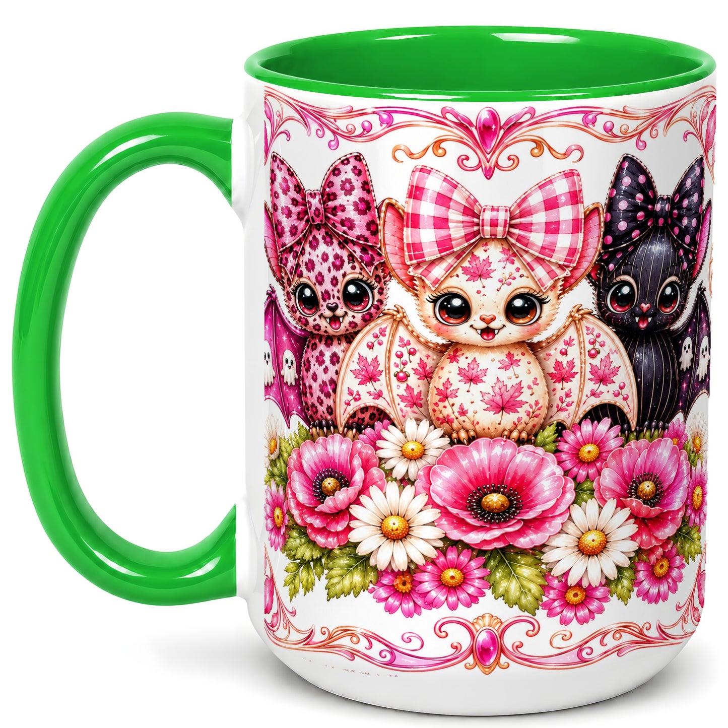 #pl[15oz|Green] Pink Halloween Bats Coffee Mug, Floral Bat Mug, Ceramic Cup