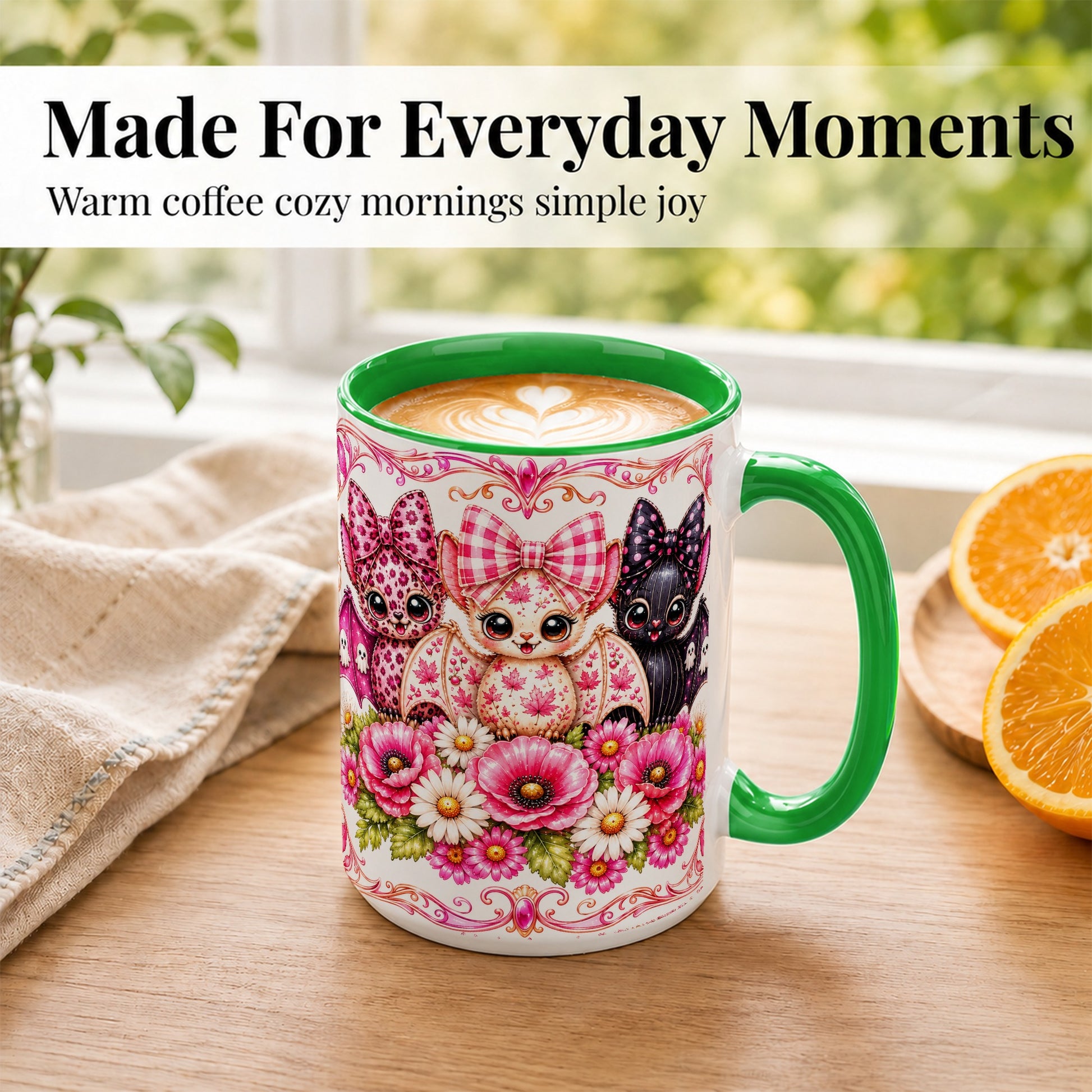 #pl[15oz|Green] Pink Halloween Bats Coffee Mug, Floral Bat Mug, Ceramic Cup