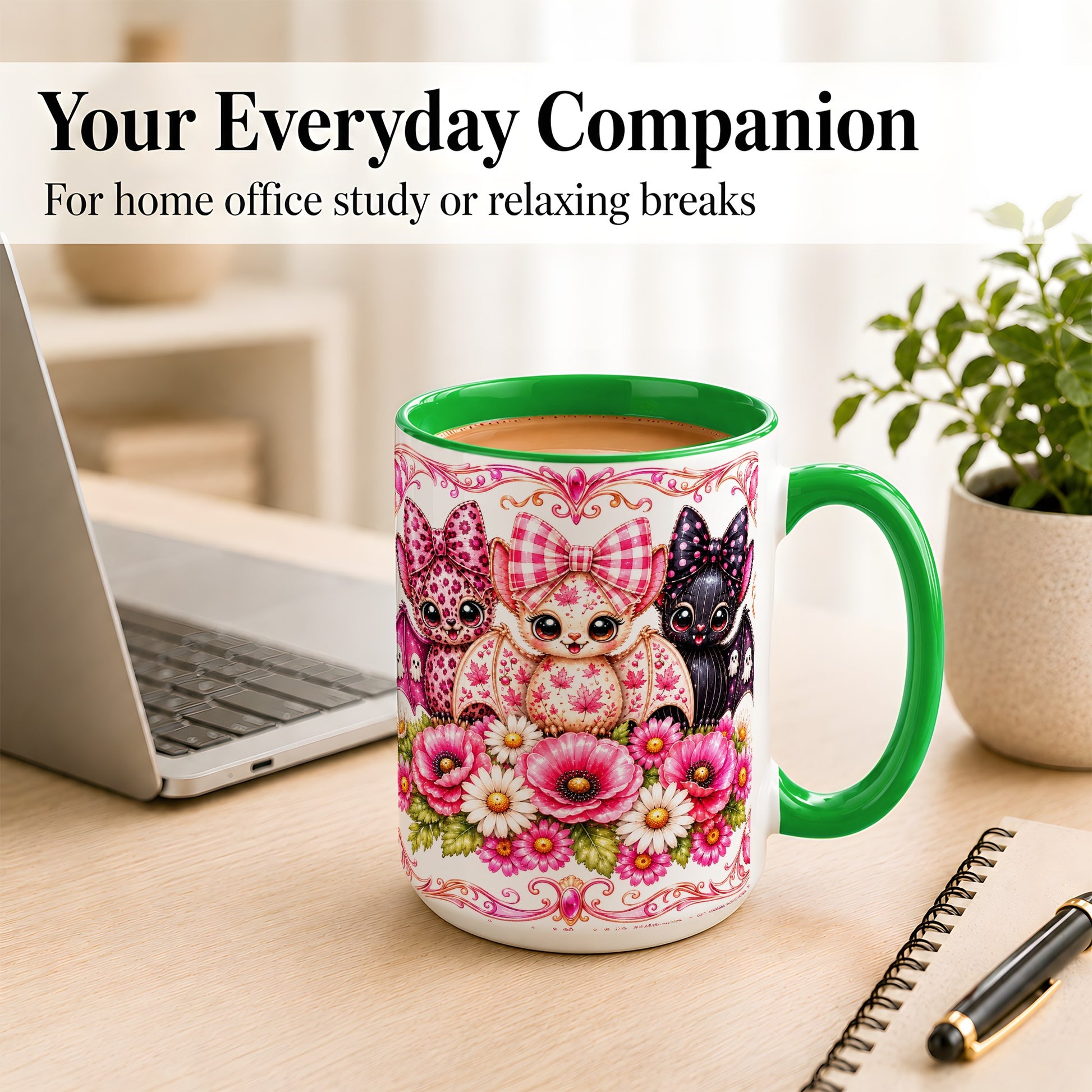 #pl[15oz|Green] Pink Halloween Bats Coffee Mug, Floral Bat Mug, Ceramic Cup
