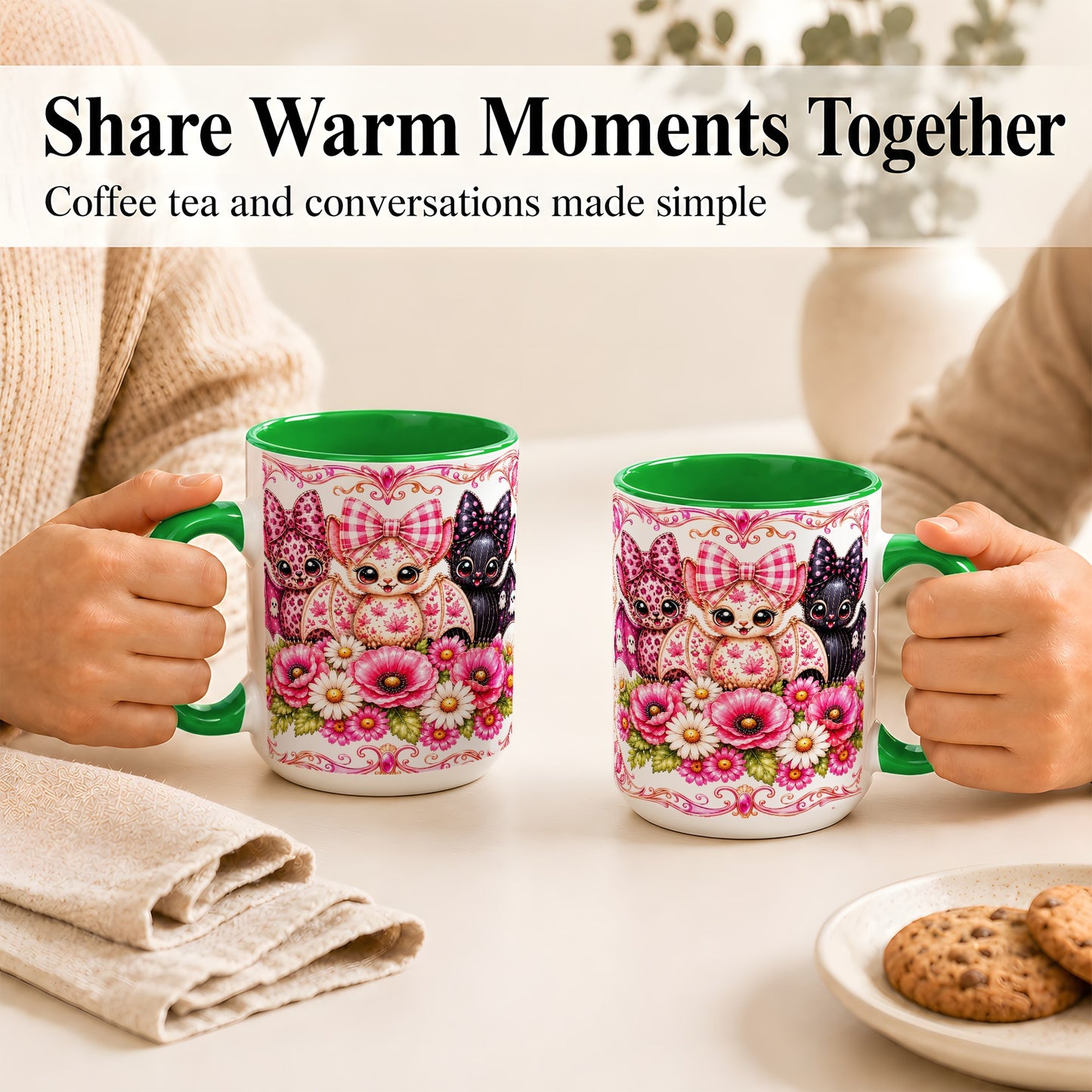 #pl[15oz|Green] Pink Halloween Bats Coffee Mug, Floral Bat Mug, Ceramic Cup