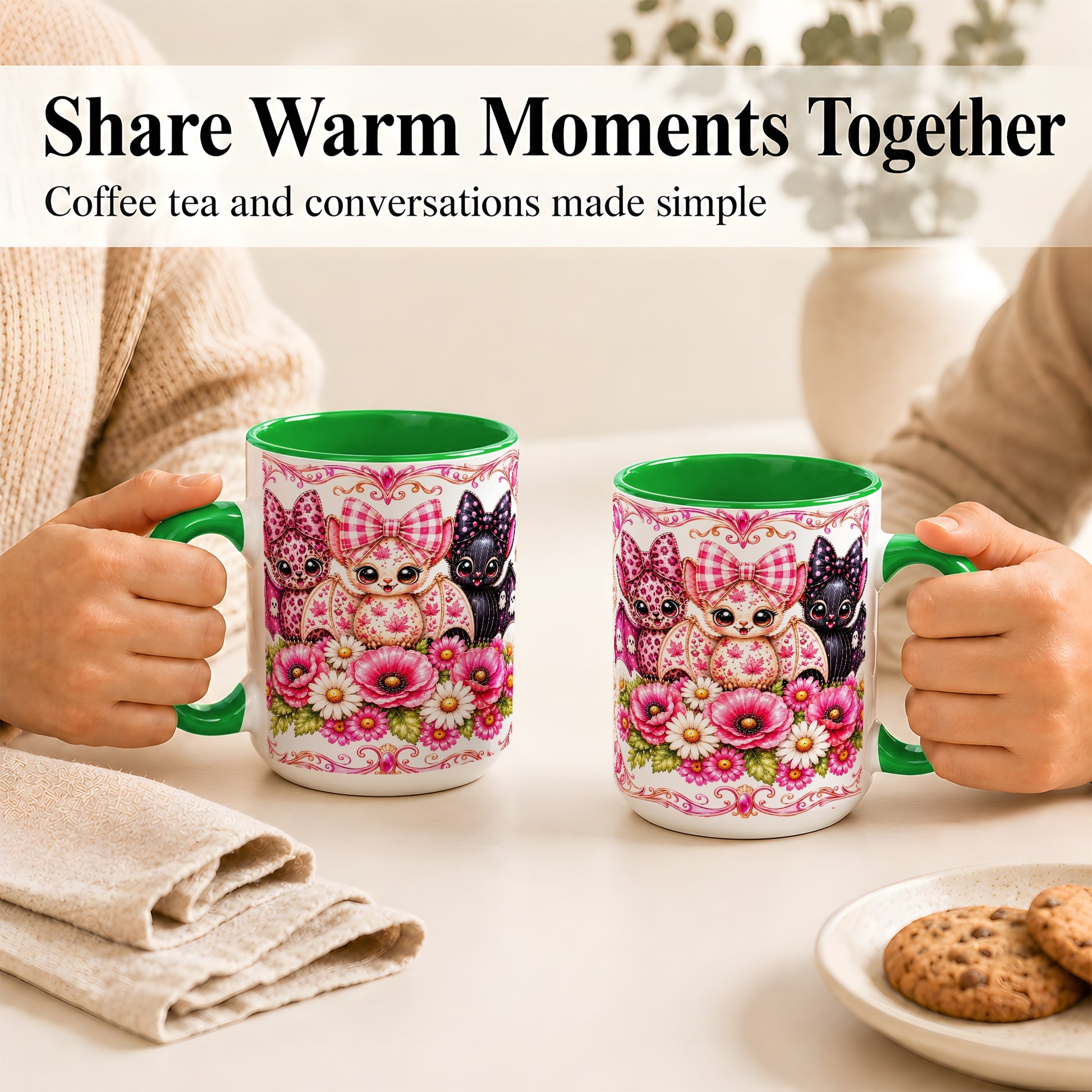 #pl[15oz|Green] Pink Halloween Bats Coffee Mug, Floral Bat Mug, Ceramic Cup