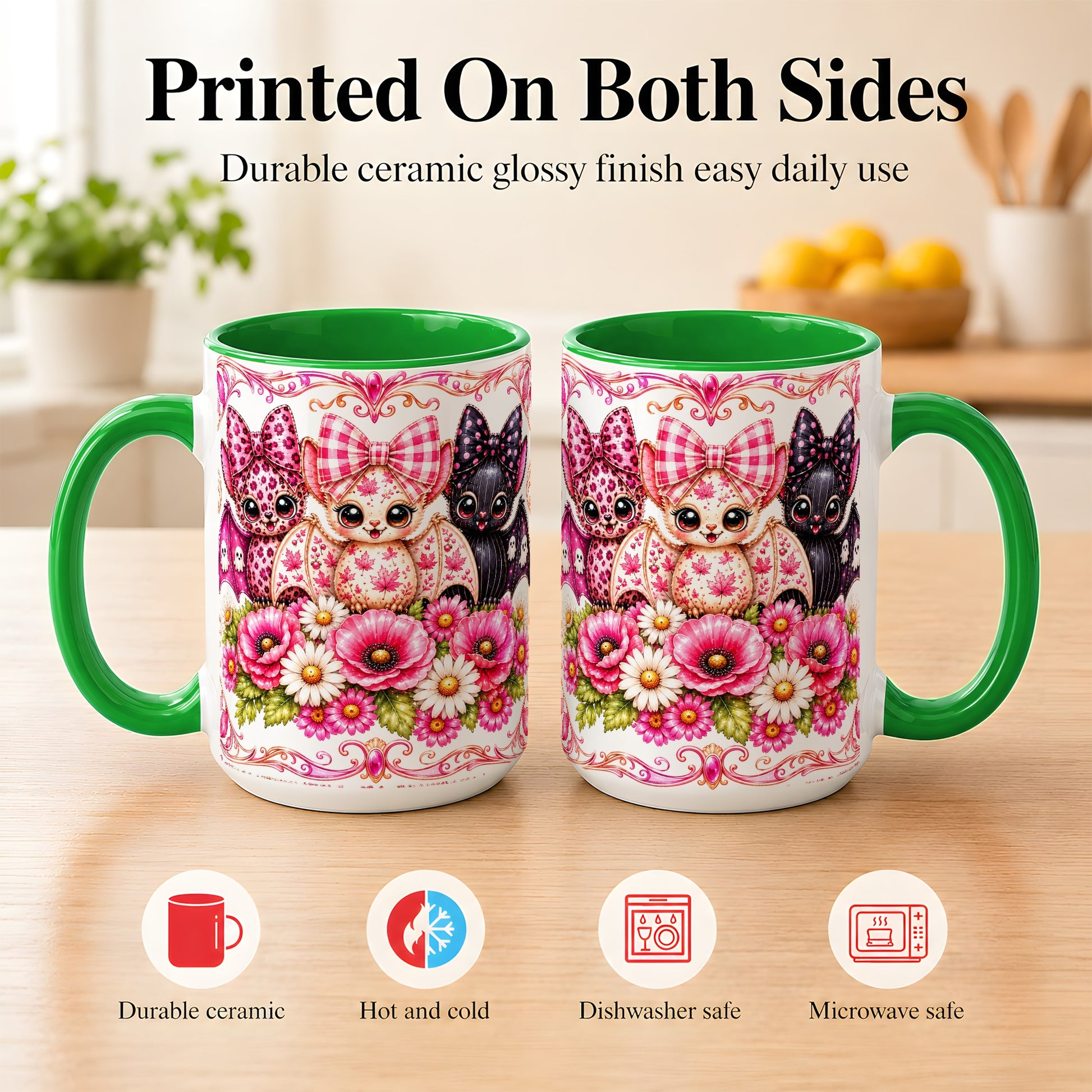 #pl[15oz|Green] Pink Halloween Bats Coffee Mug, Floral Bat Mug, Ceramic Cup