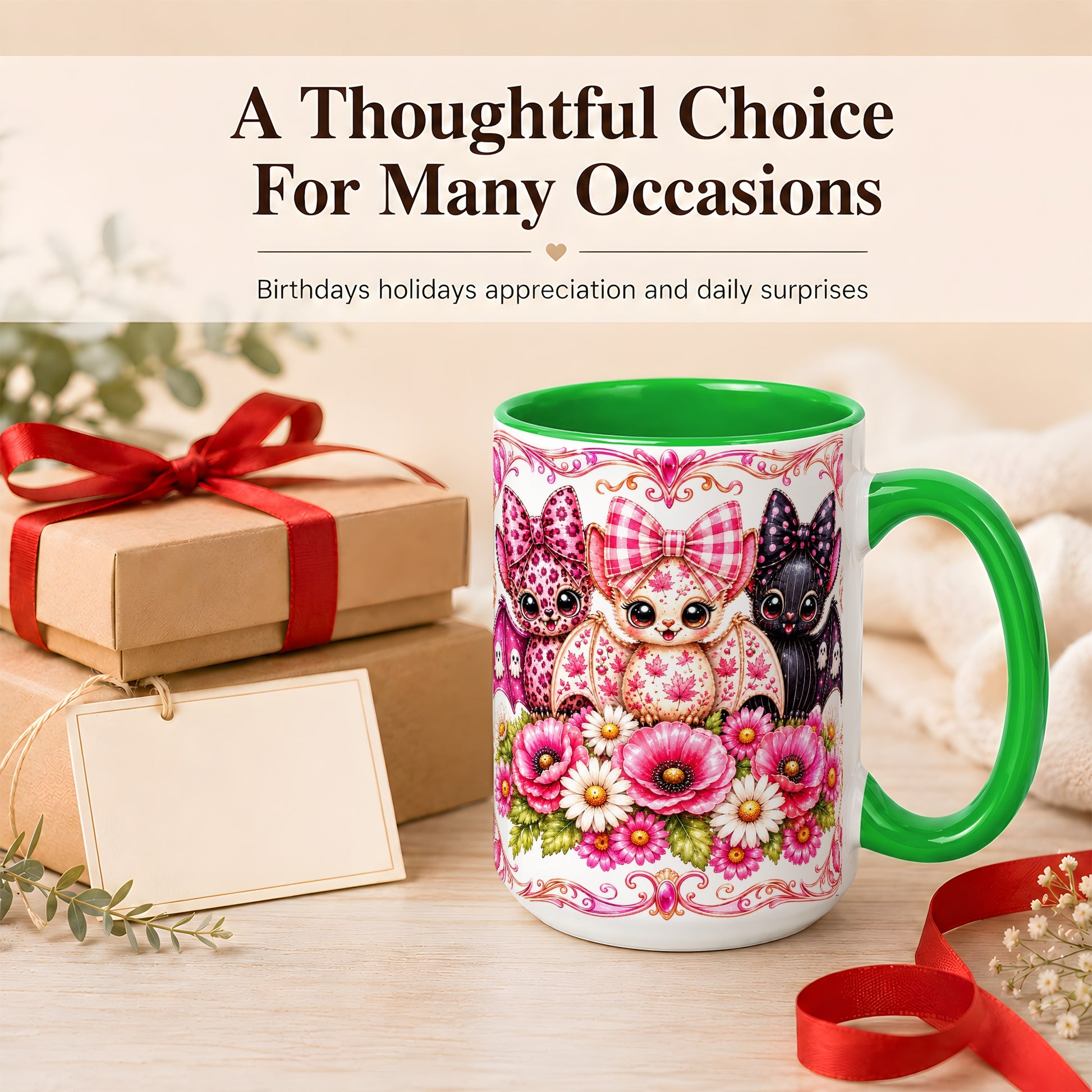 #pl[15oz|Green] Pink Halloween Bats Coffee Mug, Floral Bat Mug, Ceramic Cup