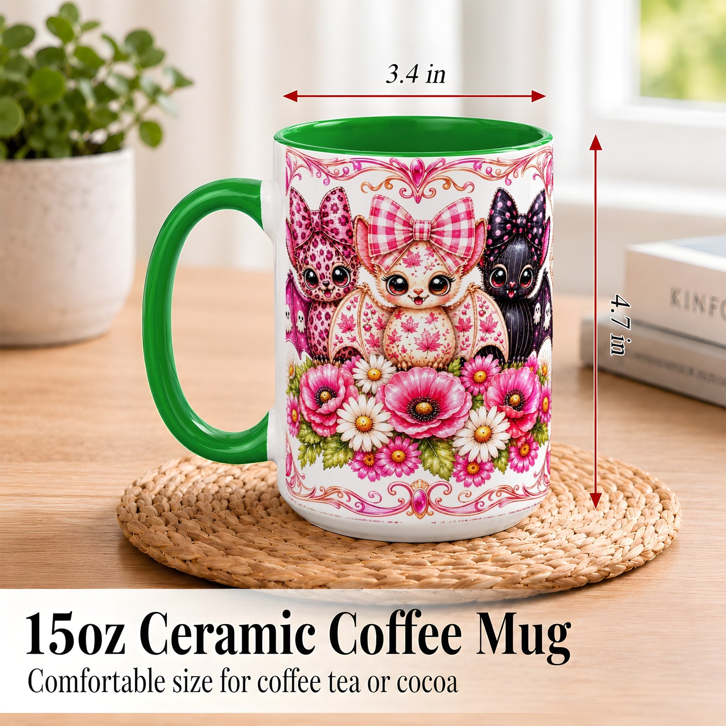 #pl[15oz|Green] Pink Halloween Bats Coffee Mug, Floral Bat Mug, Ceramic Cup