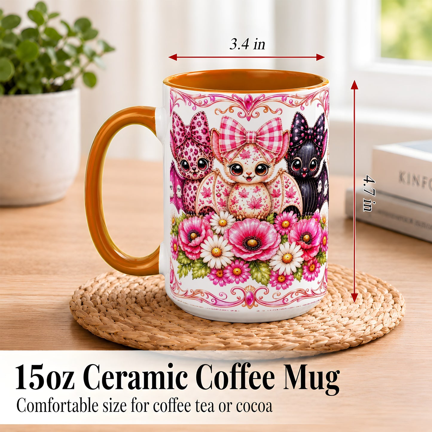 #pl[15oz|Orange] Pink Halloween Bats Coffee Mug, Floral Bat Mug, Ceramic Cup