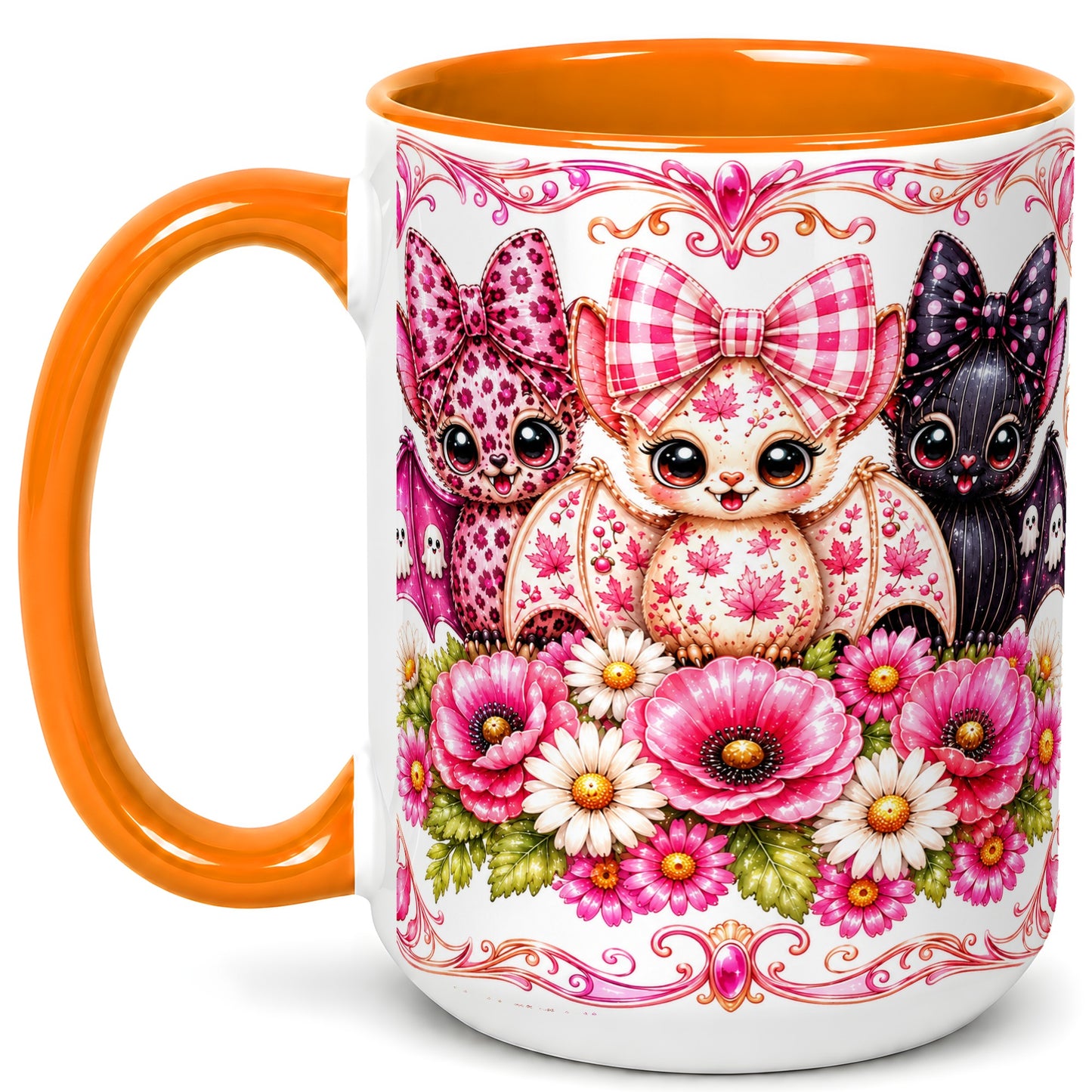 #pl[15oz|Orange] Pink Halloween Bats Coffee Mug, Floral Bat Mug, Ceramic Cup