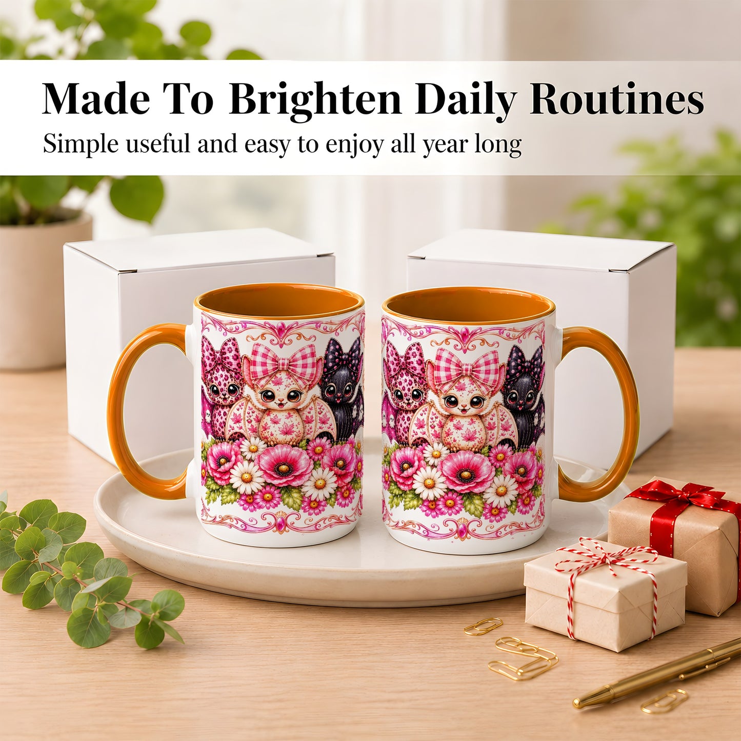 #pl[15oz|Orange] Pink Halloween Bats Coffee Mug, Floral Bat Mug, Ceramic Cup