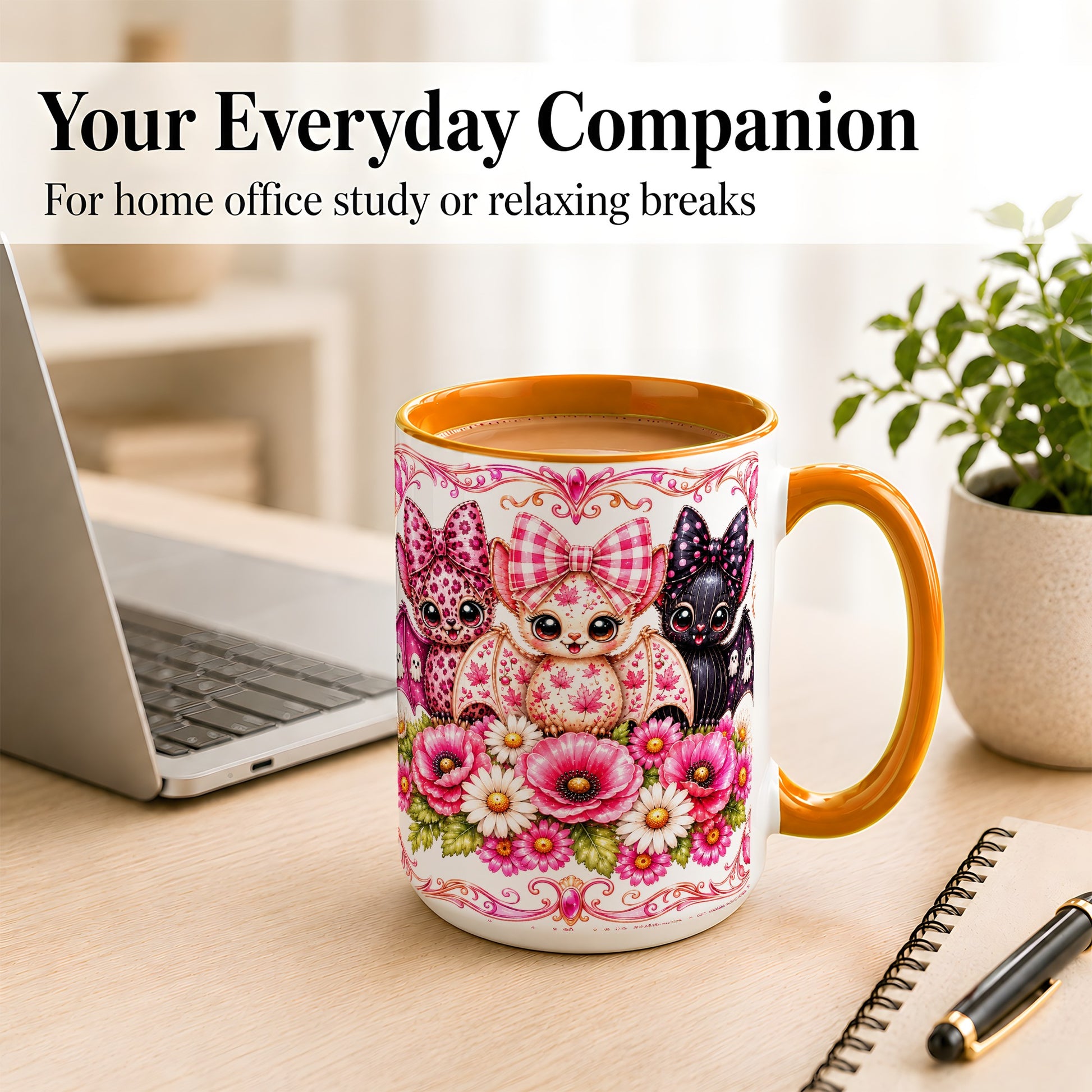 #pl[15oz|Orange] Pink Halloween Bats Coffee Mug, Floral Bat Mug, Ceramic Cup