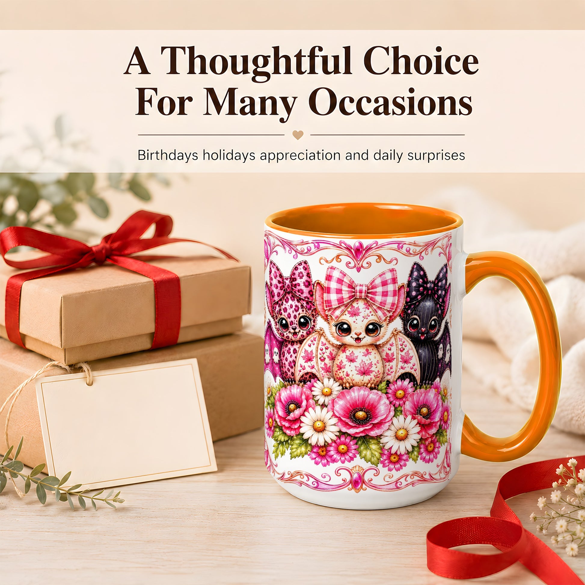 #pl[15oz|Orange] Pink Halloween Bats Coffee Mug, Floral Bat Mug, Ceramic Cup