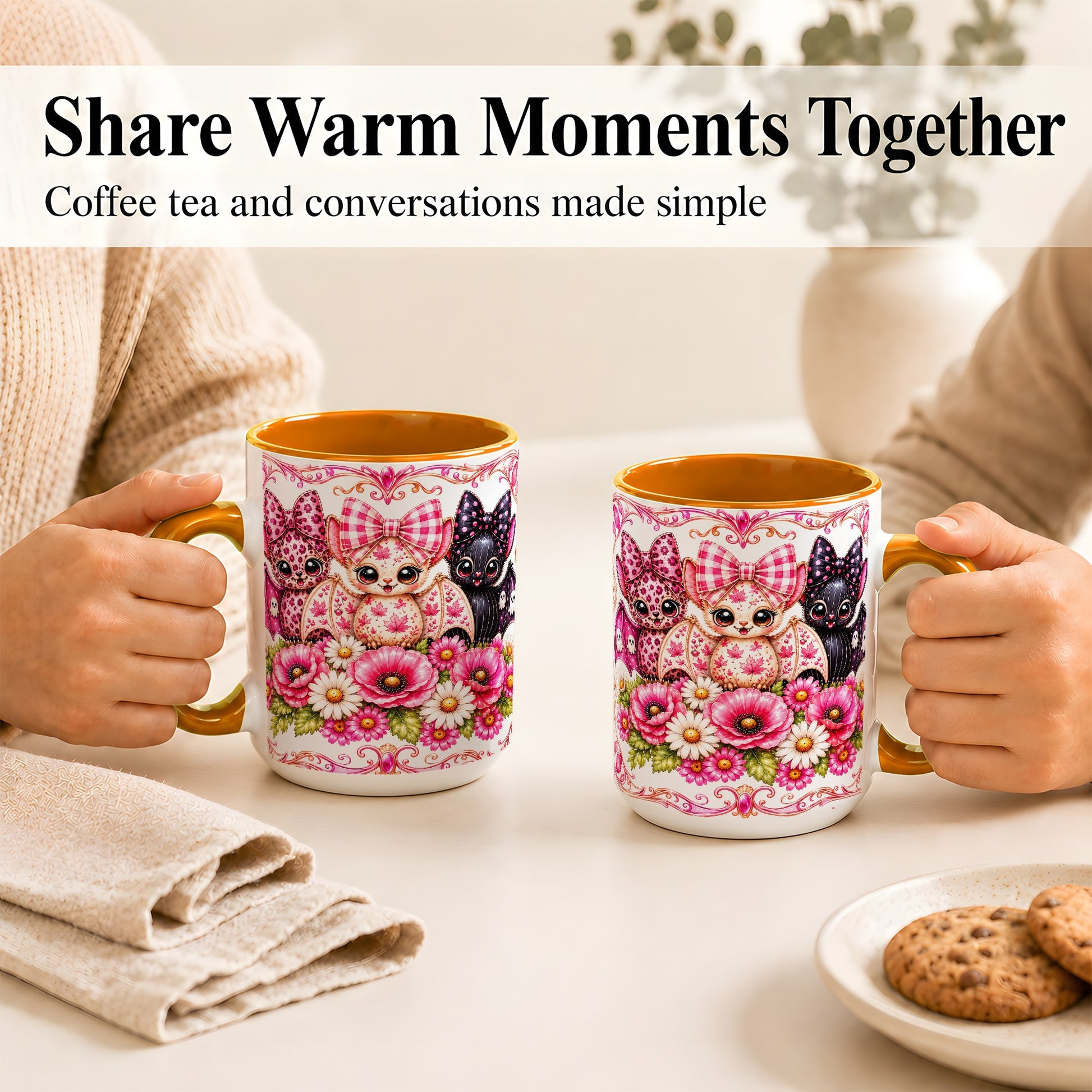 #pl[15oz|Orange] Pink Halloween Bats Coffee Mug, Floral Bat Mug, Ceramic Cup