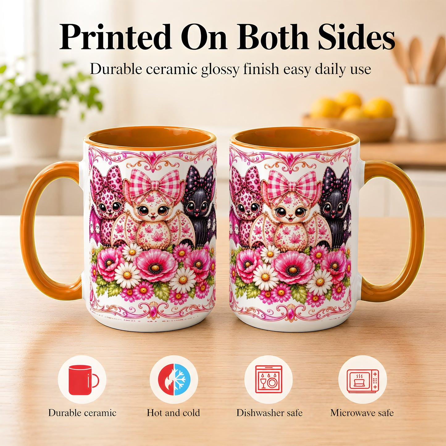 #pl[15oz|Orange] Pink Halloween Bats Coffee Mug, Floral Bat Mug, Ceramic Cup