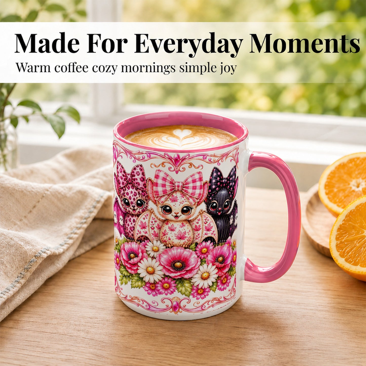#pl[15oz|Pink] Pink Halloween Bats Coffee Mug, Floral Bat Mug, Ceramic Cup