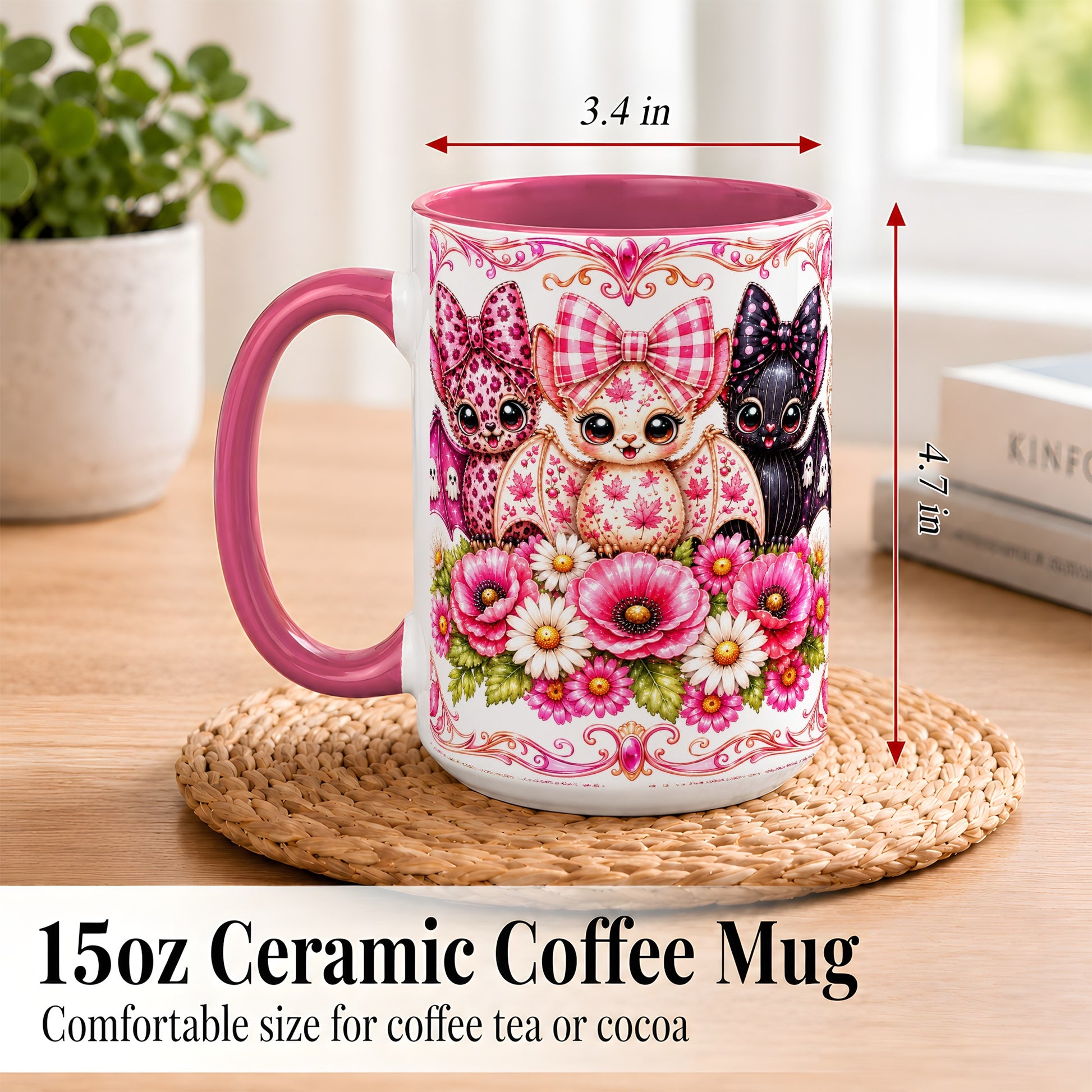 #pl[15oz|Pink] Pink Halloween Bats Coffee Mug, Floral Bat Mug, Ceramic Cup