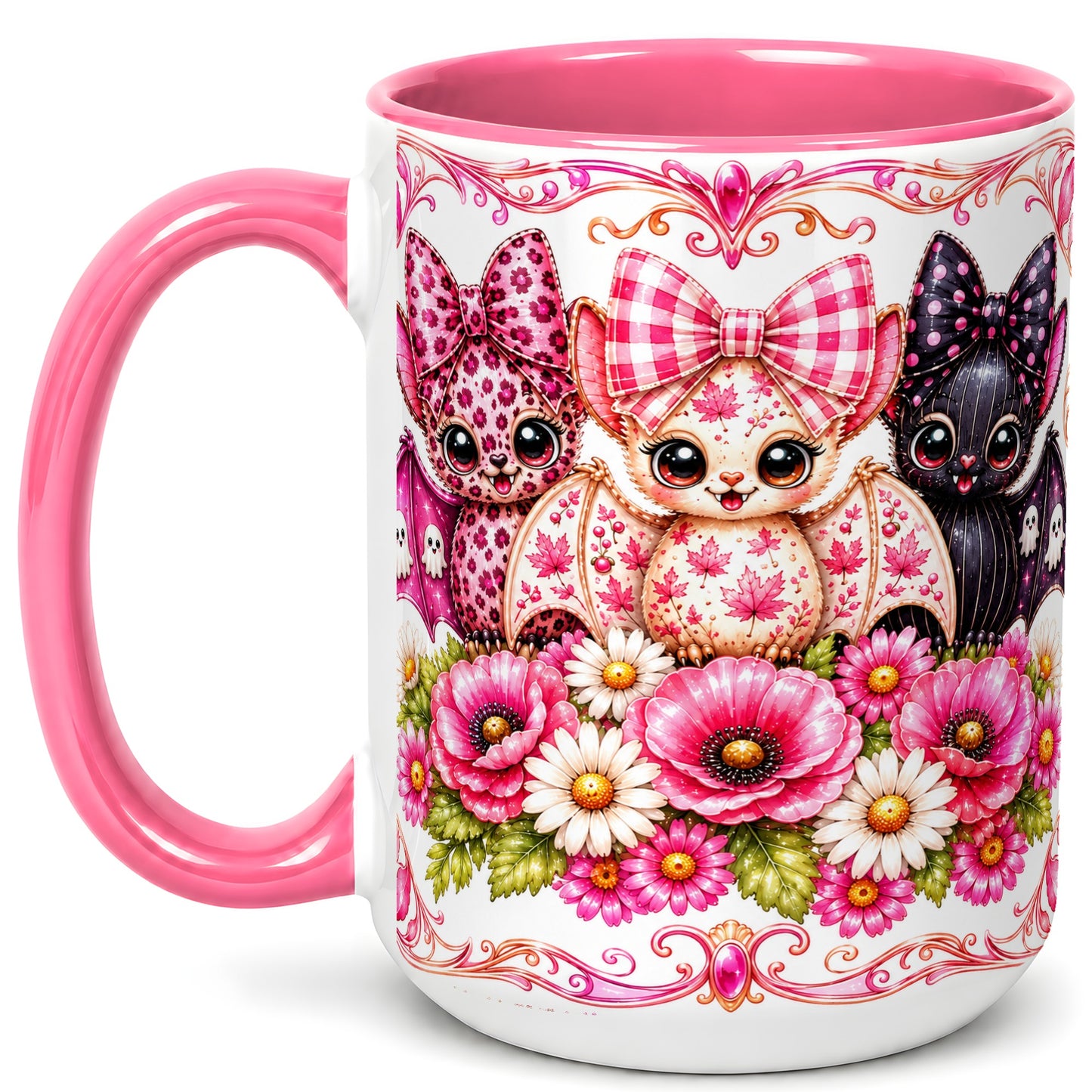 #pl[15oz|Pink] Pink Halloween Bats Coffee Mug, Floral Bat Mug, Ceramic Cup