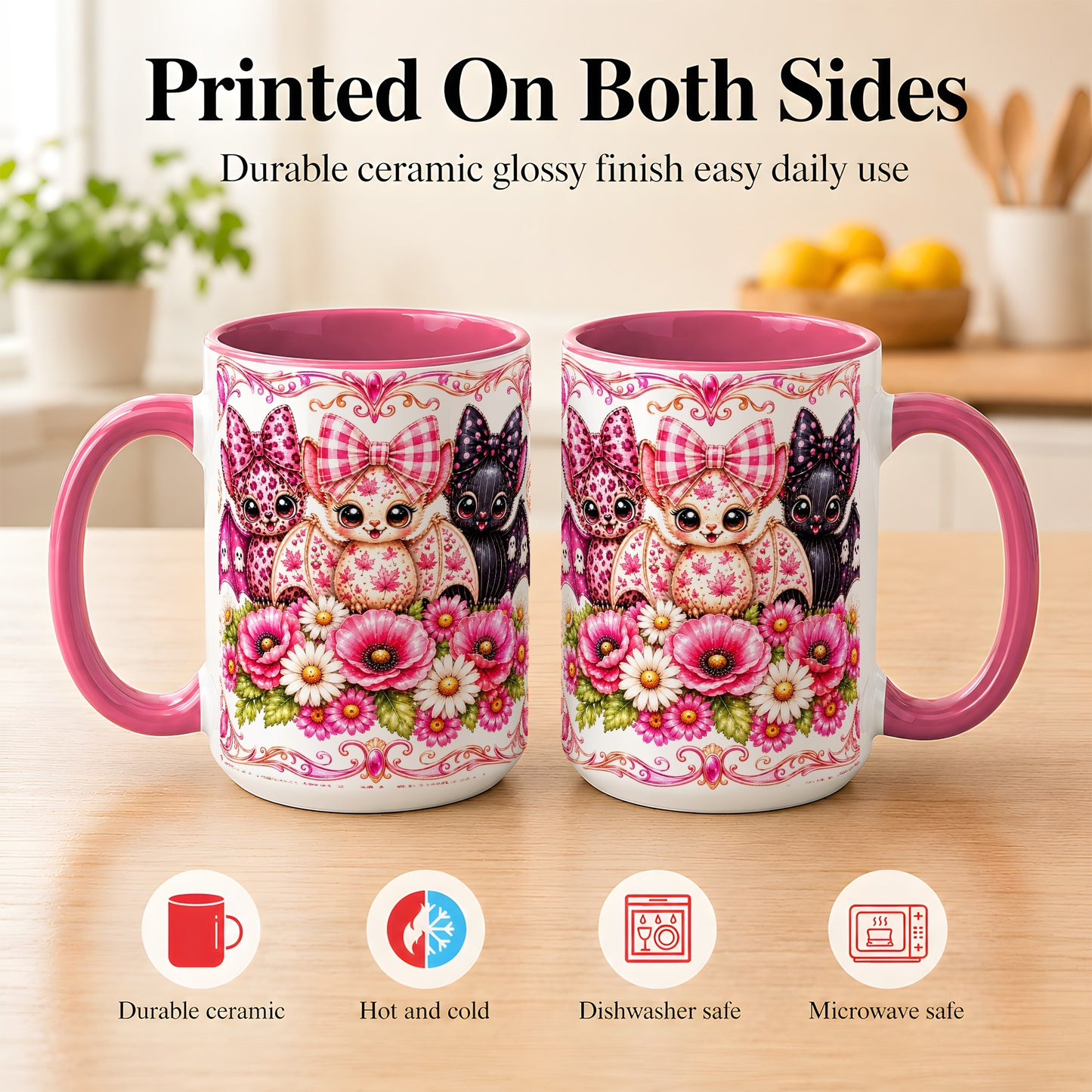 #pl[15oz|Pink] Pink Halloween Bats Coffee Mug, Floral Bat Mug, Ceramic Cup