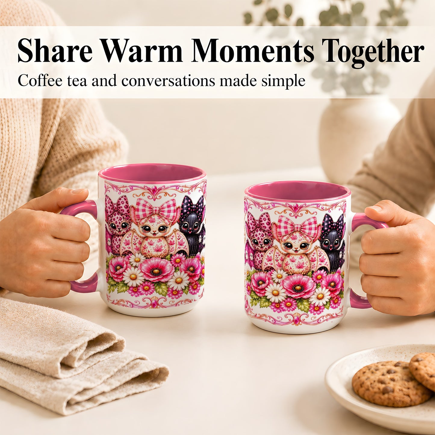 #pl[15oz|Pink] Pink Halloween Bats Coffee Mug, Floral Bat Mug, Ceramic Cup