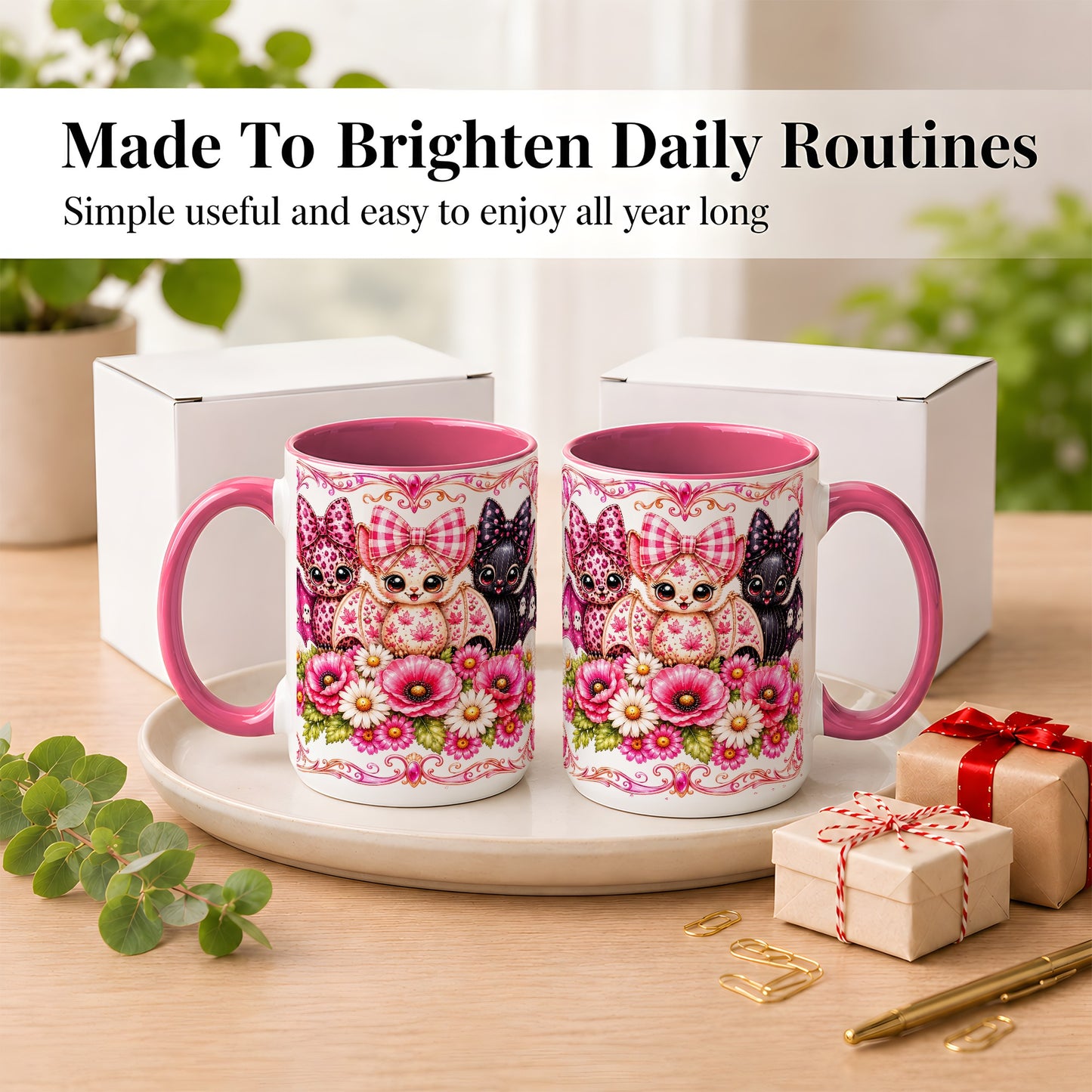 #pl[15oz|Pink] Pink Halloween Bats Coffee Mug, Floral Bat Mug, Ceramic Cup