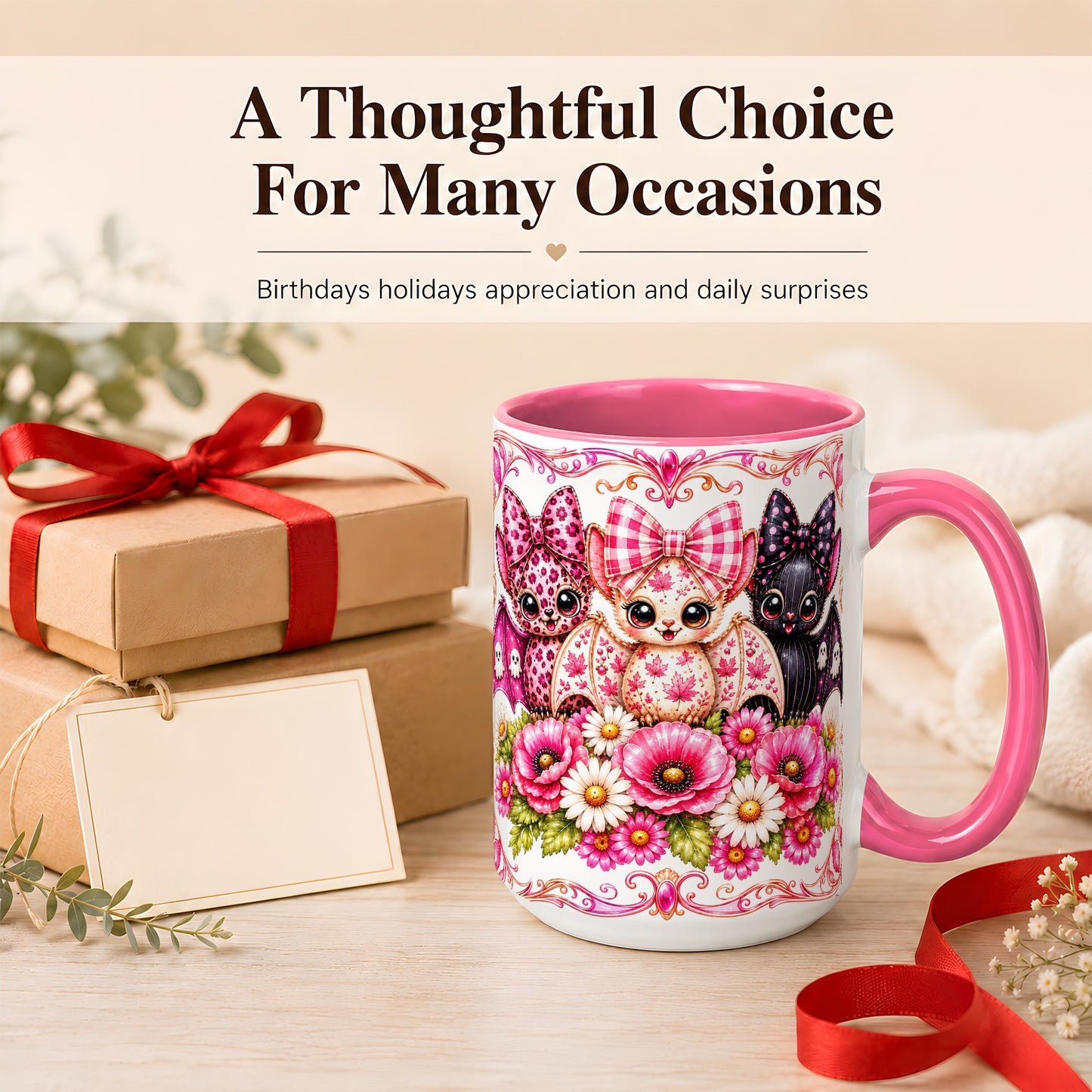 #pl[15oz|Pink] Pink Halloween Bats Coffee Mug, Floral Bat Mug, Ceramic Cup