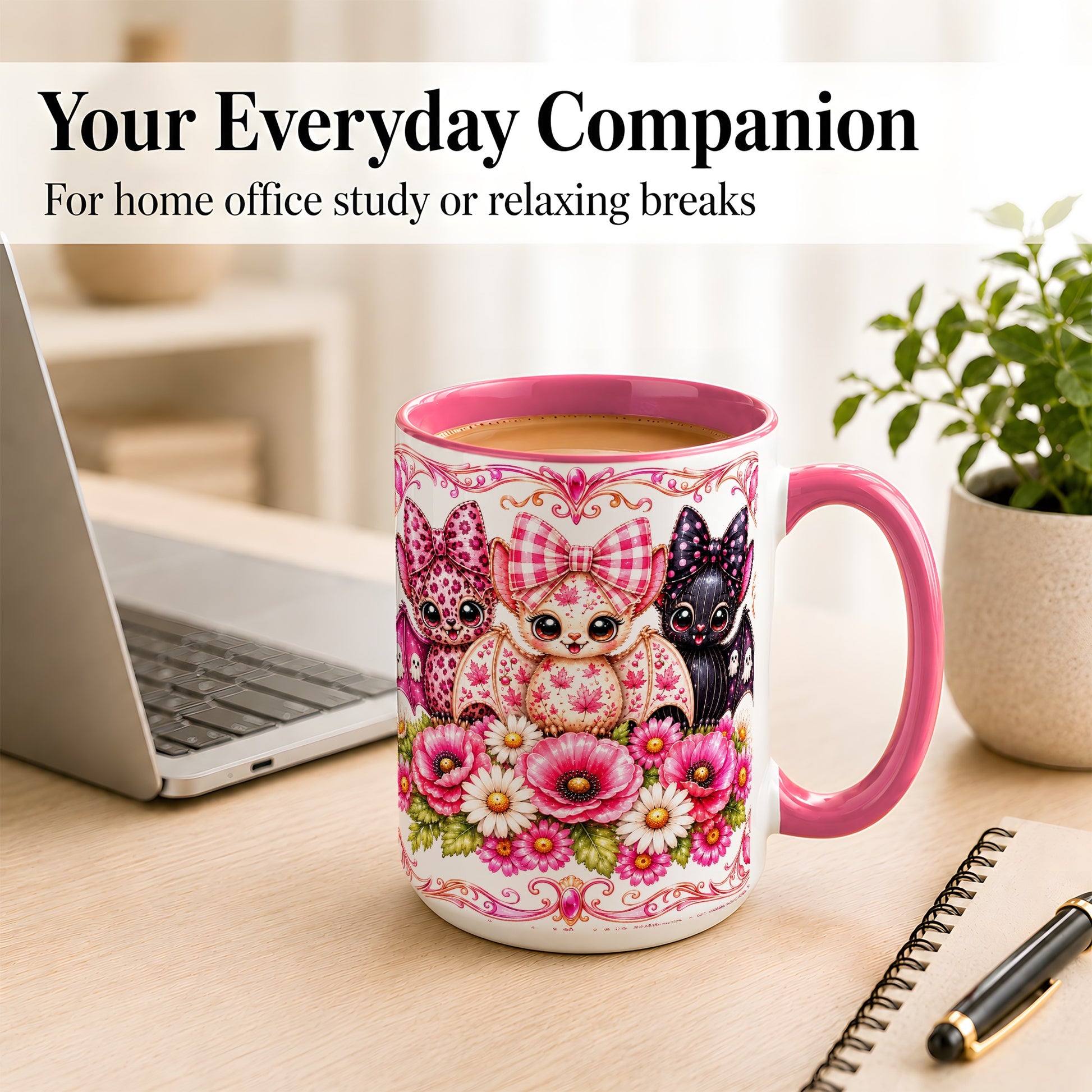 #pl[15oz|Pink] Pink Halloween Bats Coffee Mug, Floral Bat Mug, Ceramic Cup