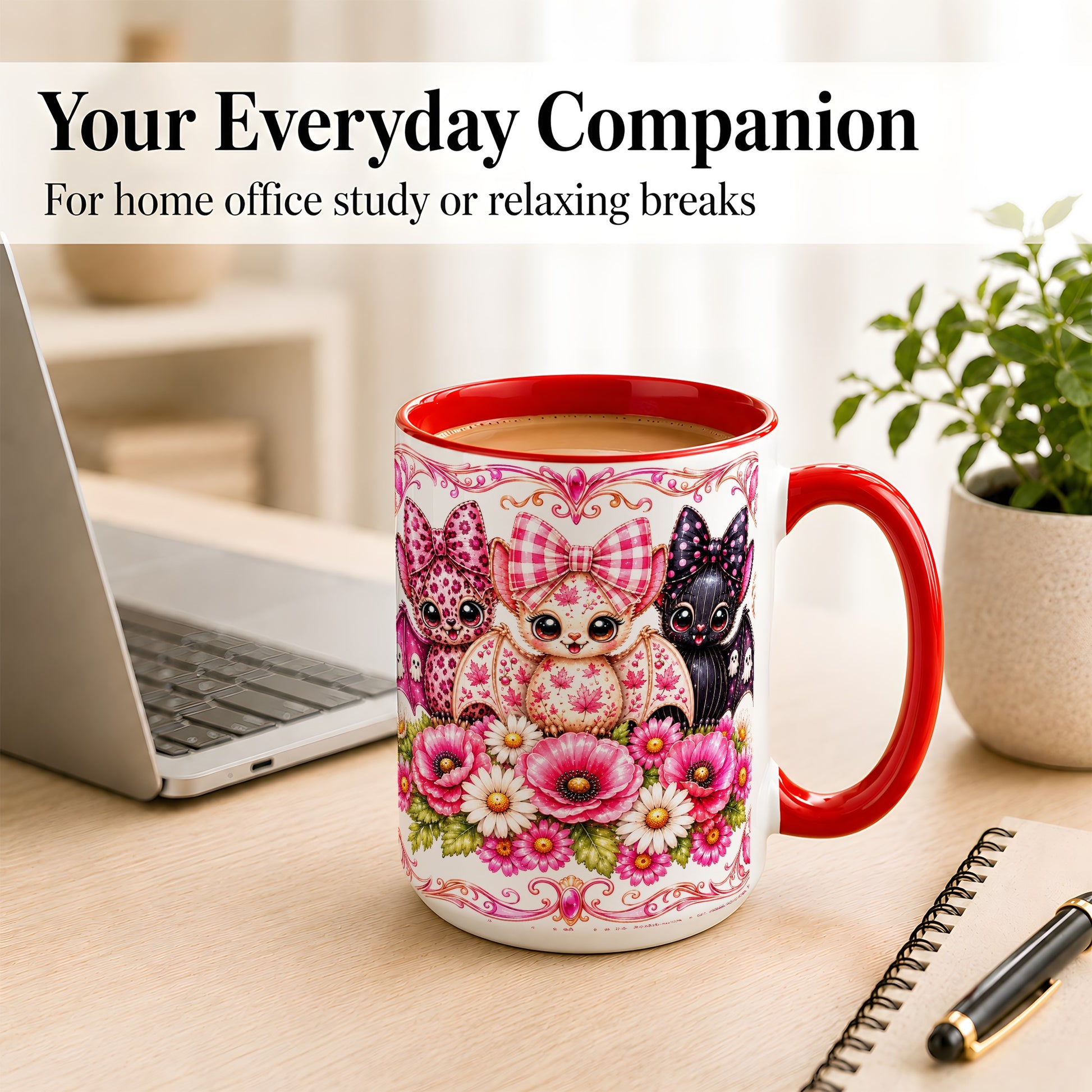 #pl[15oz|Red] Pink Halloween Bats Coffee Mug, Floral Bat Mug, Ceramic Cup