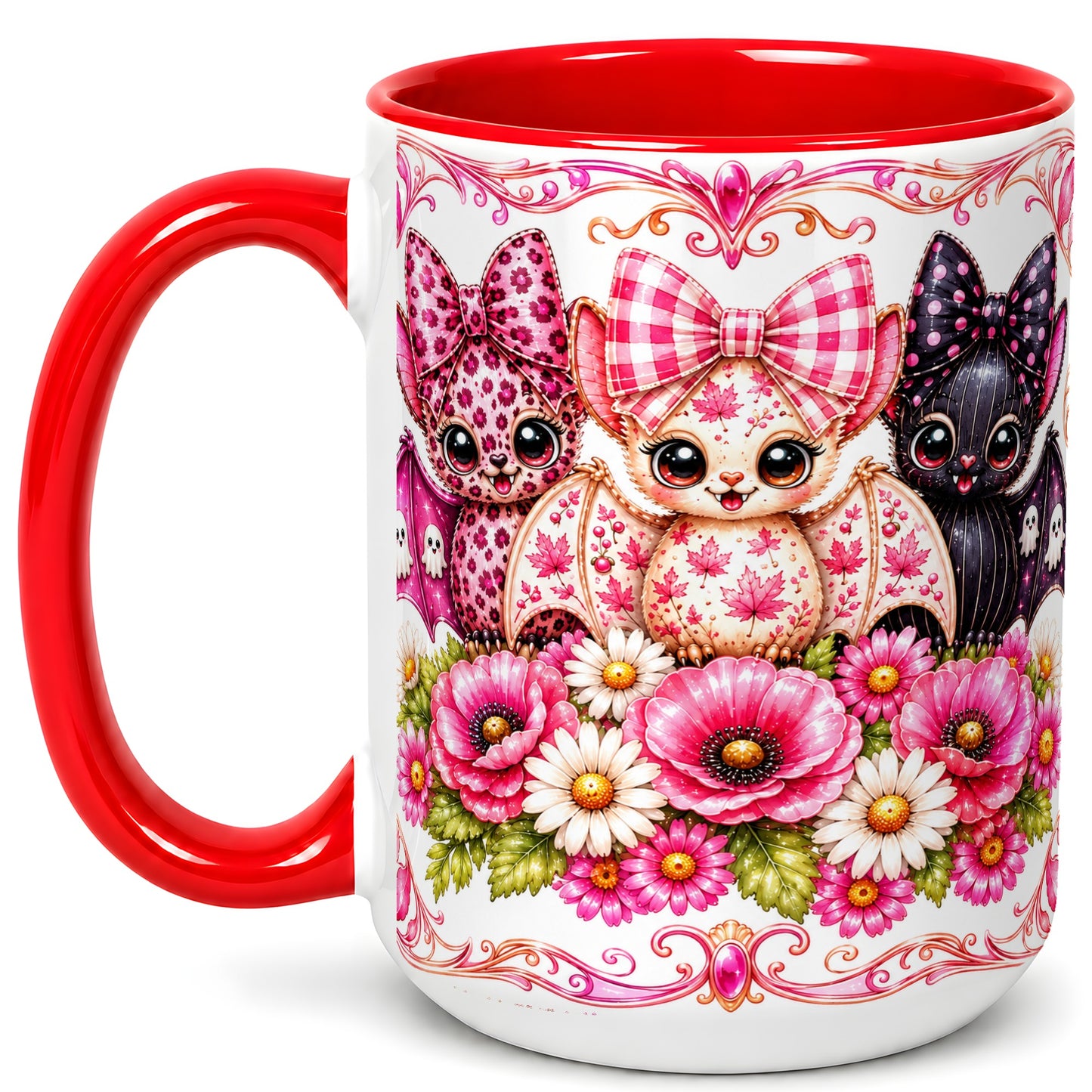 #pl[15oz|Red] Pink Halloween Bats Coffee Mug, Floral Bat Mug, Ceramic Cup