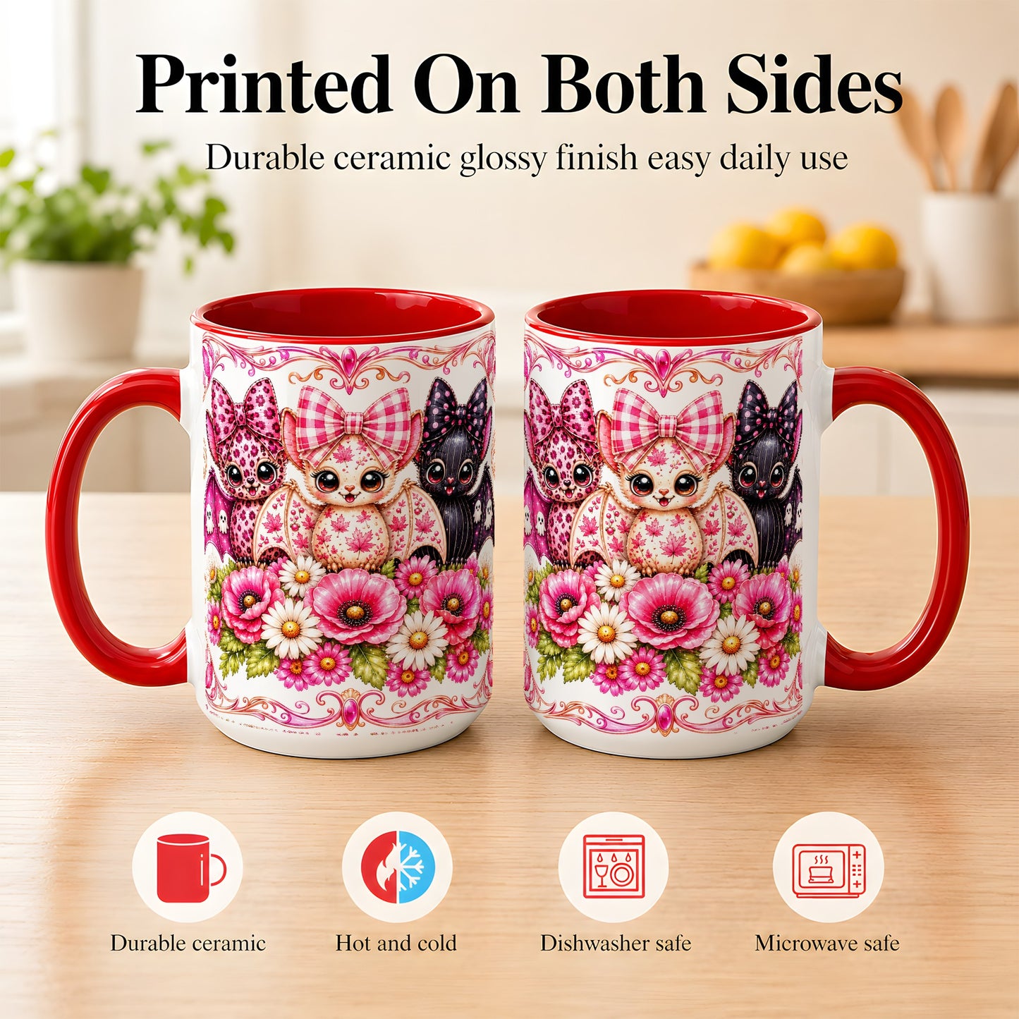 #pl[15oz|Red] Pink Halloween Bats Coffee Mug, Floral Bat Mug, Ceramic Cup