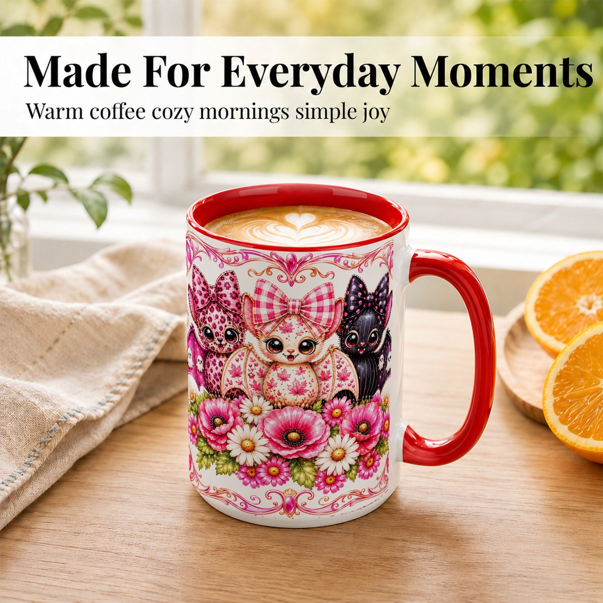 #pl[15oz|Red] Pink Halloween Bats Coffee Mug, Floral Bat Mug, Ceramic Cup