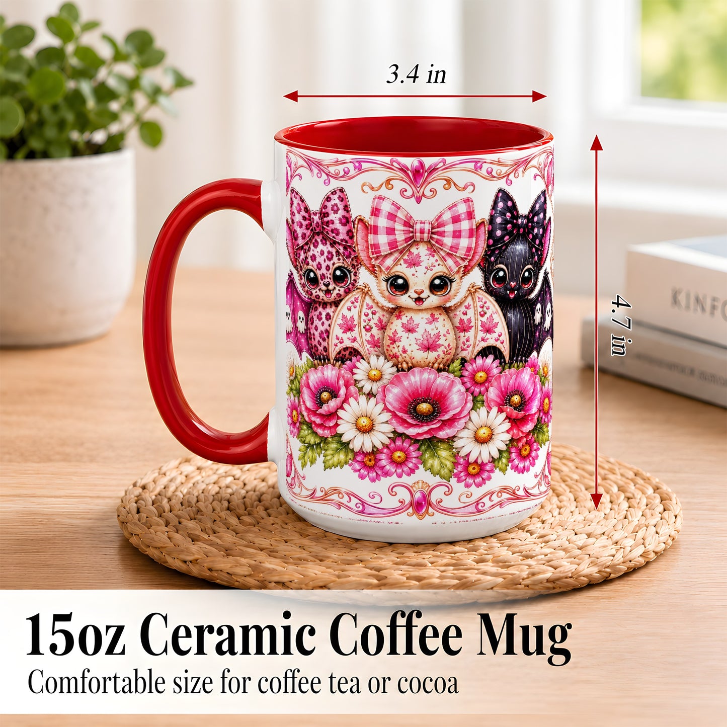 #pl[15oz|Red] Pink Halloween Bats Coffee Mug, Floral Bat Mug, Ceramic Cup