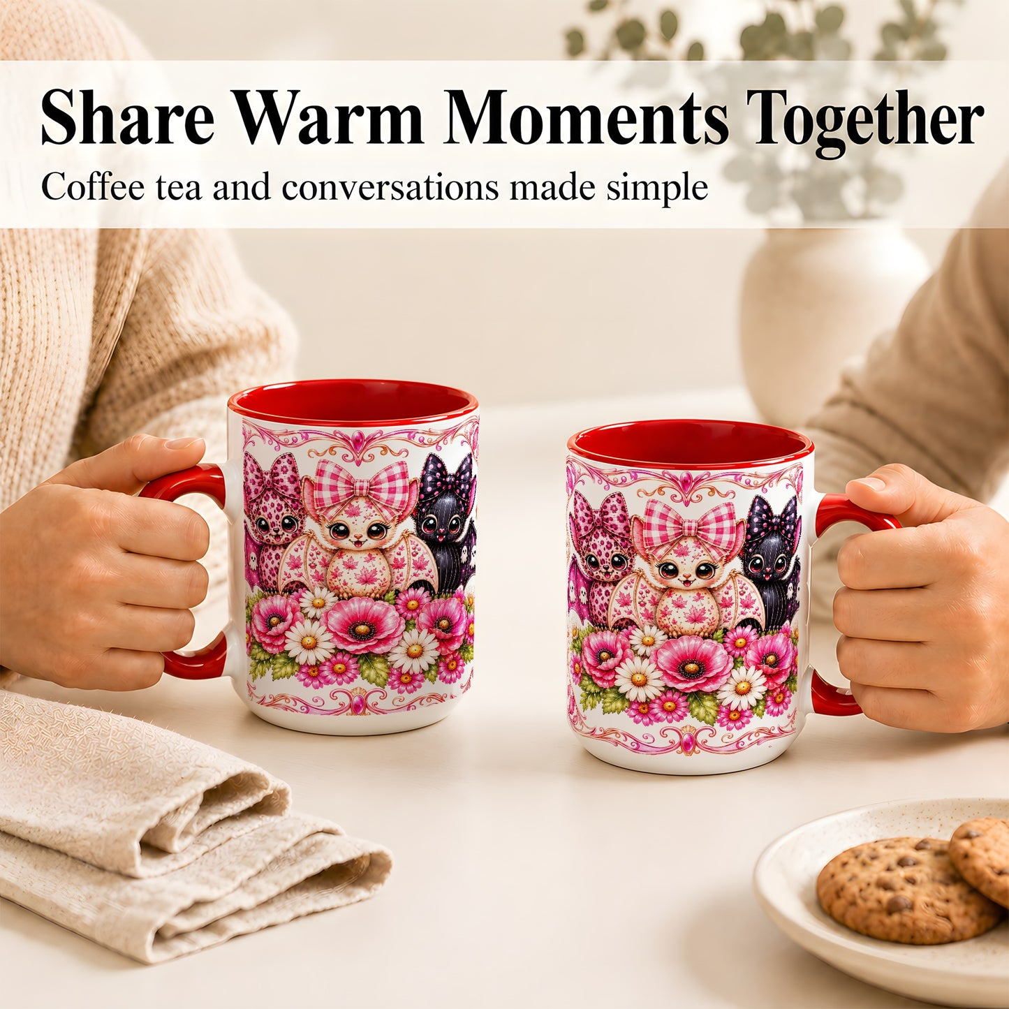 #pl[15oz|Red] Pink Halloween Bats Coffee Mug, Floral Bat Mug, Ceramic Cup