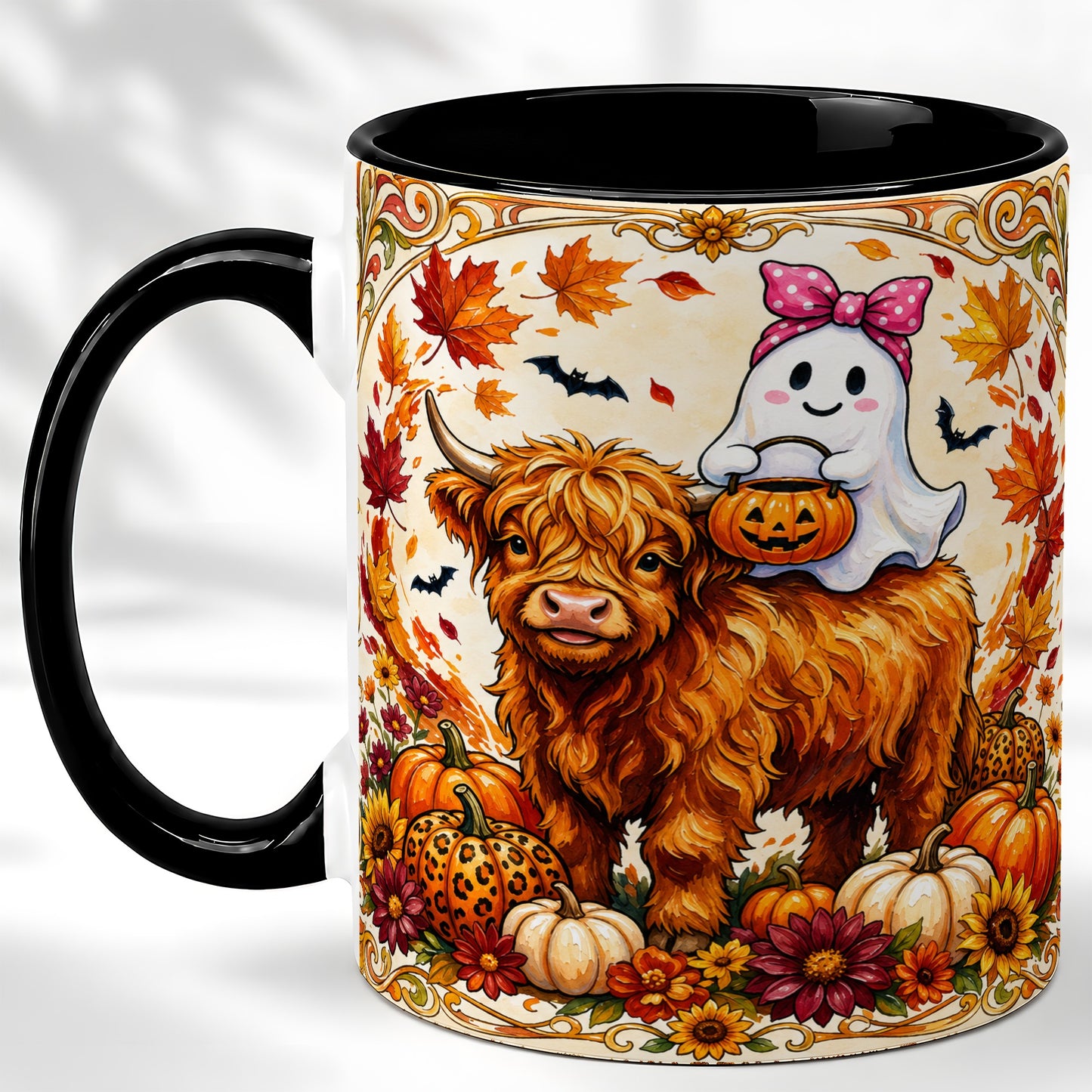 #pl[11oz|Black] Highland Cow Ghost Coffee Mug, Pumpkin Cow Mug, Ceramic Cup