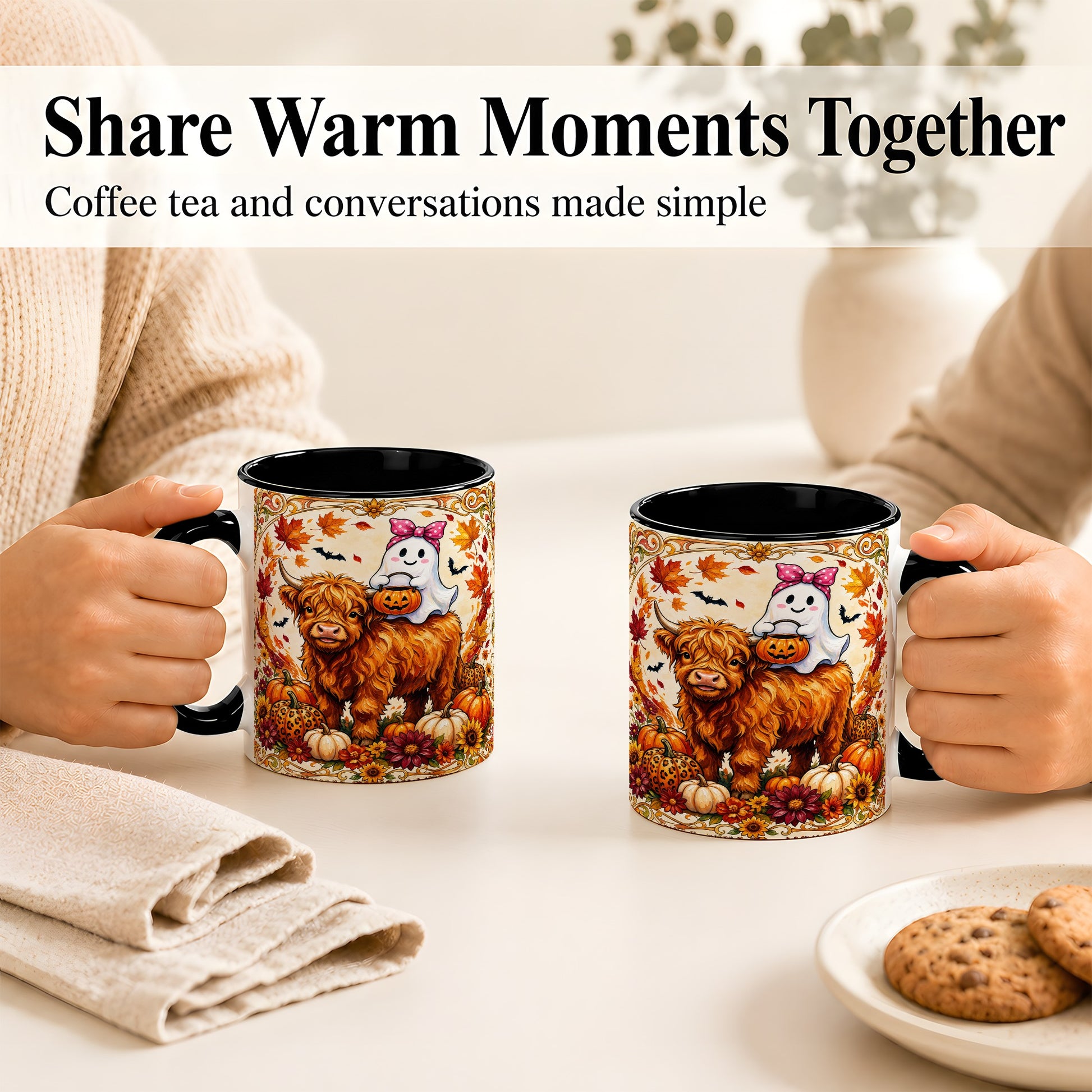 #pl[11oz|Black] Highland Cow Ghost Coffee Mug, Pumpkin Cow Mug, Ceramic Cup
