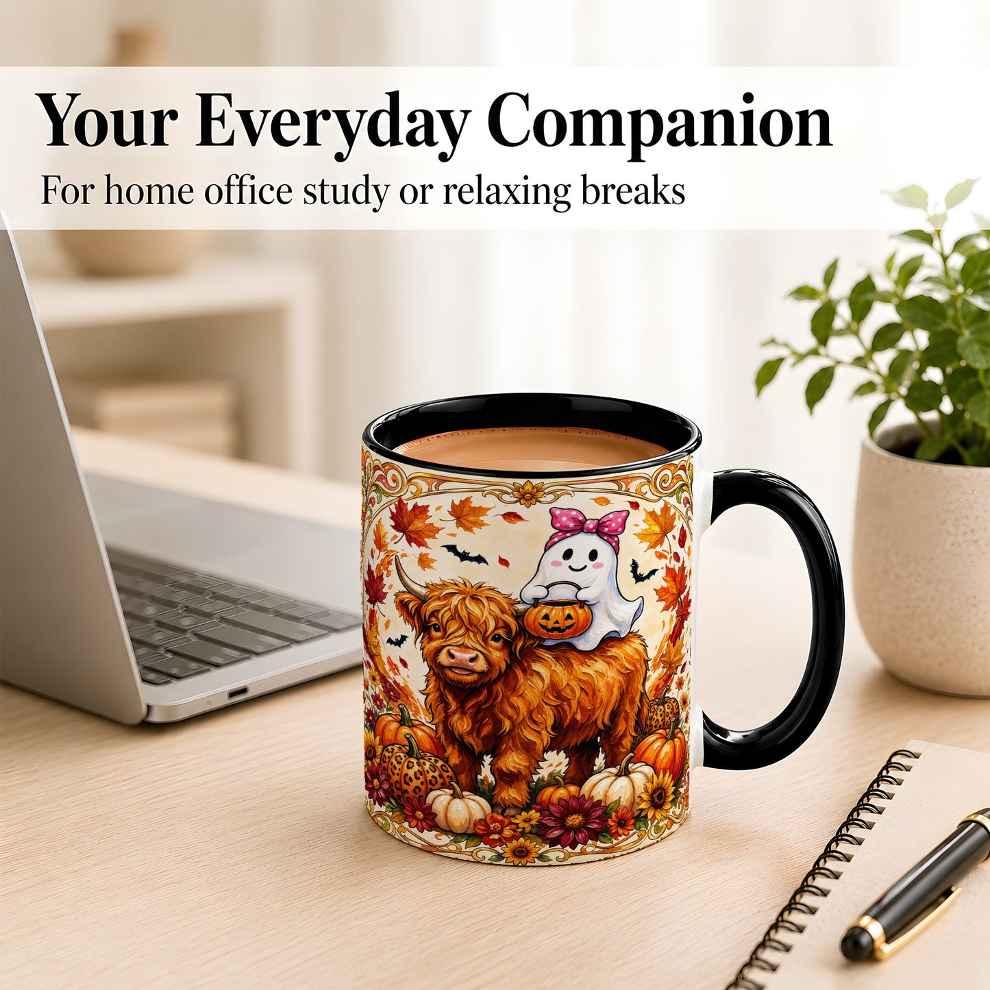 #pl[11oz|Black] Highland Cow Ghost Coffee Mug, Pumpkin Cow Mug, Ceramic Cup