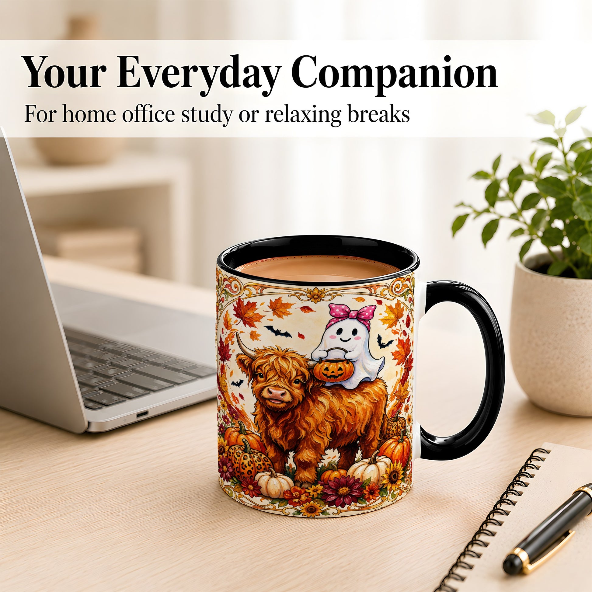 #pl[11oz|Black] Highland Cow Ghost Coffee Mug, Pumpkin Cow Mug, Ceramic Cup
