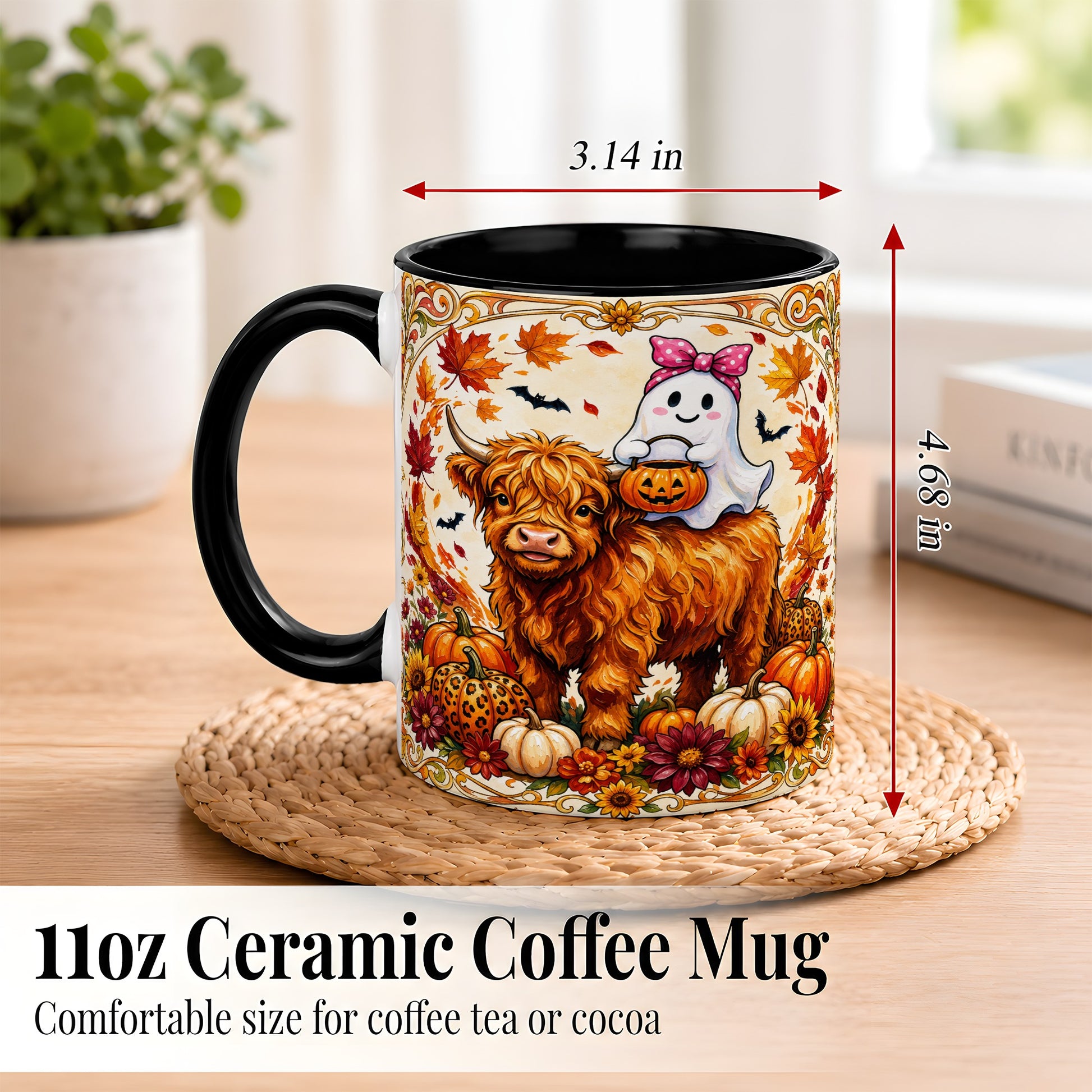 #pl[11oz|Black] Highland Cow Ghost Coffee Mug, Pumpkin Cow Mug, Ceramic Cup