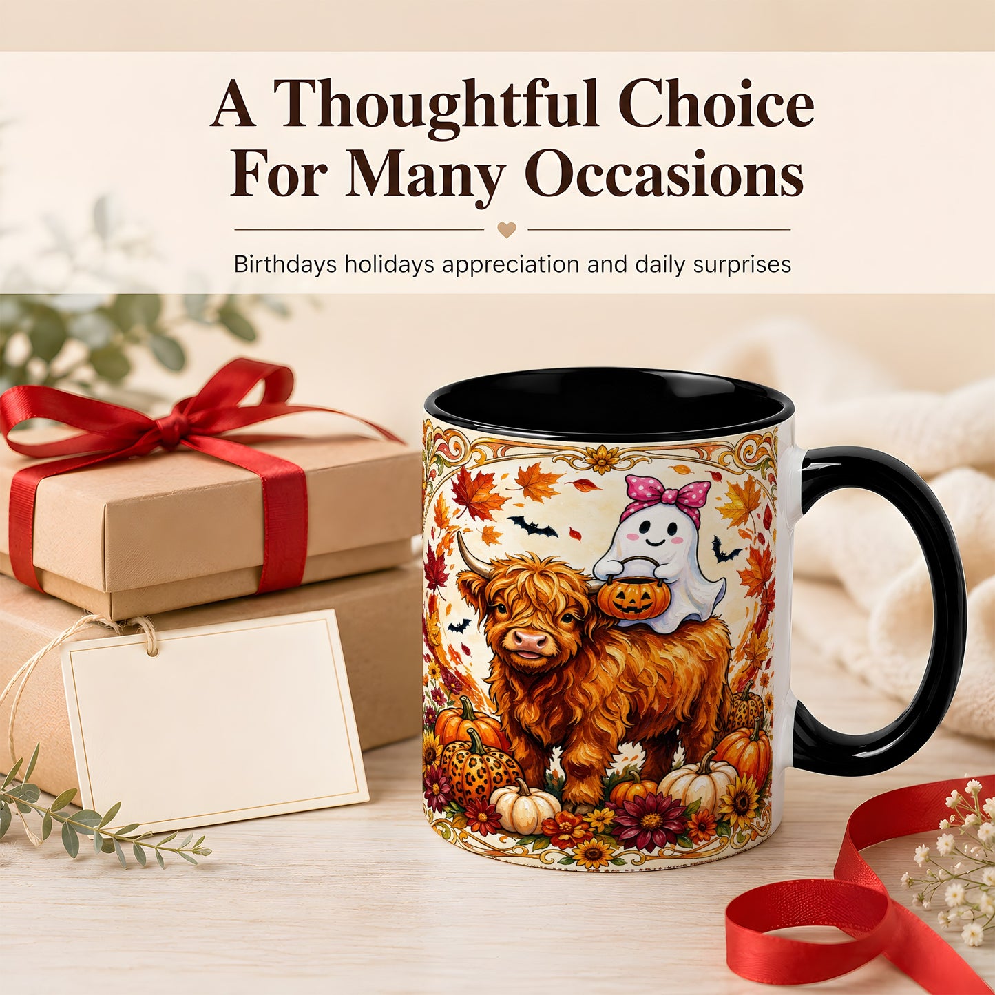 #pl[11oz|Black] Highland Cow Ghost Coffee Mug, Pumpkin Cow Mug, Ceramic Cup